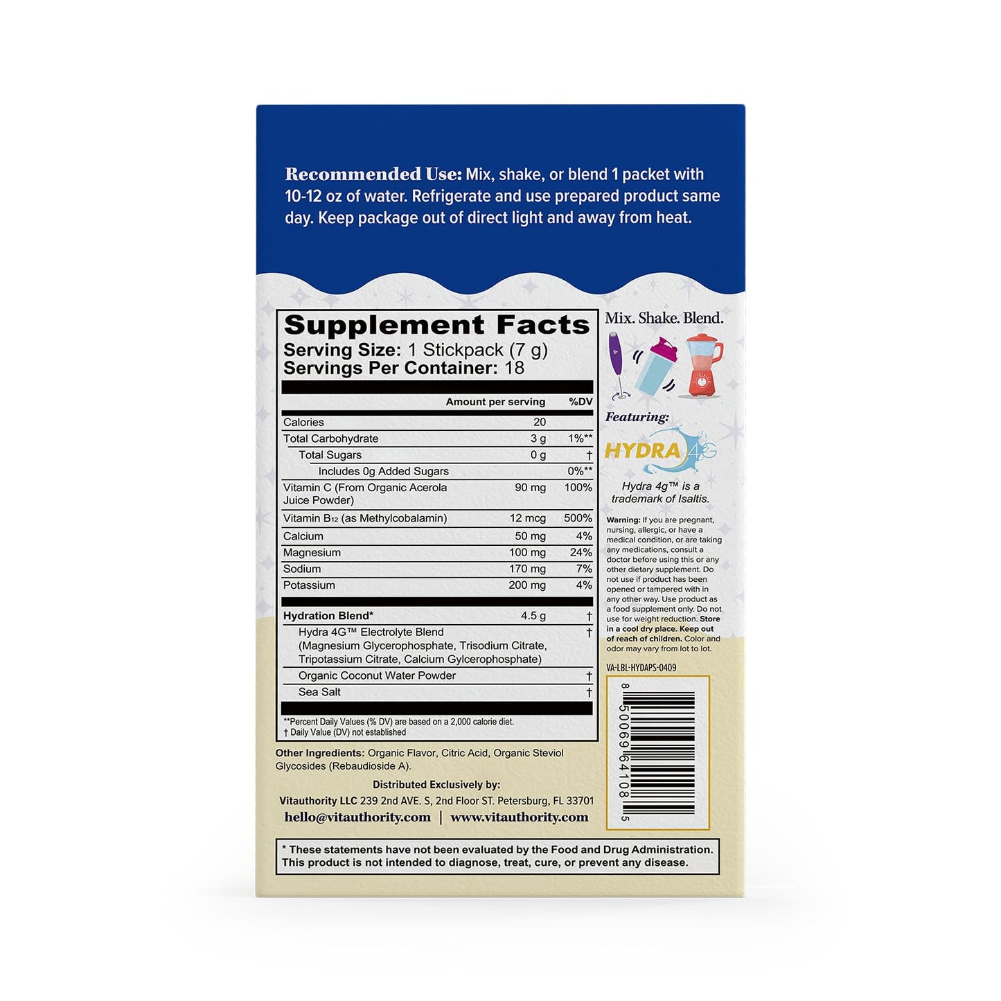 Vitauthority Hydration Electrolyte Powder Packets 4.4 Ounce
