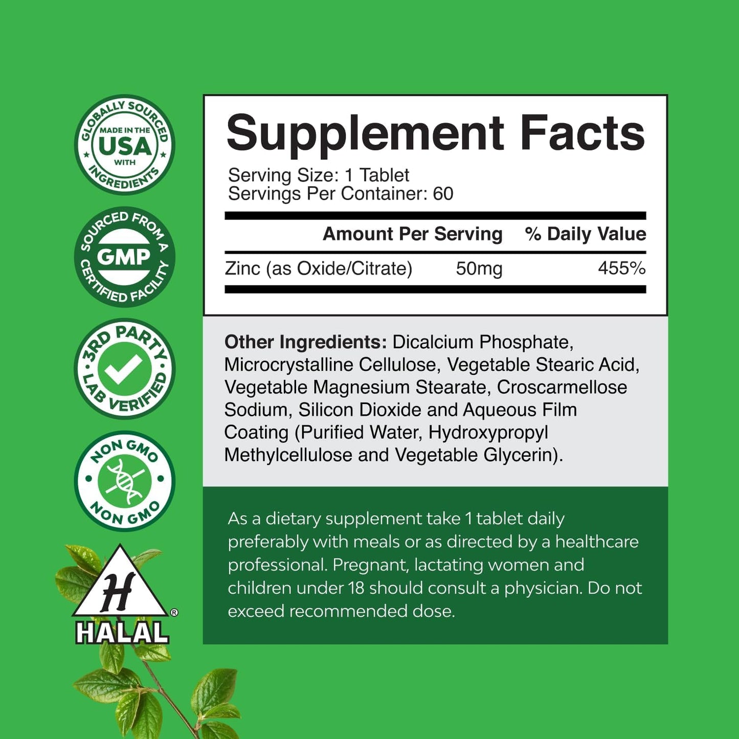 Natures Craft Zinc 50mg Tablet Immune Support - Zinc Complex for Immune System, Hair, Skin & Nails - 60 Tablets