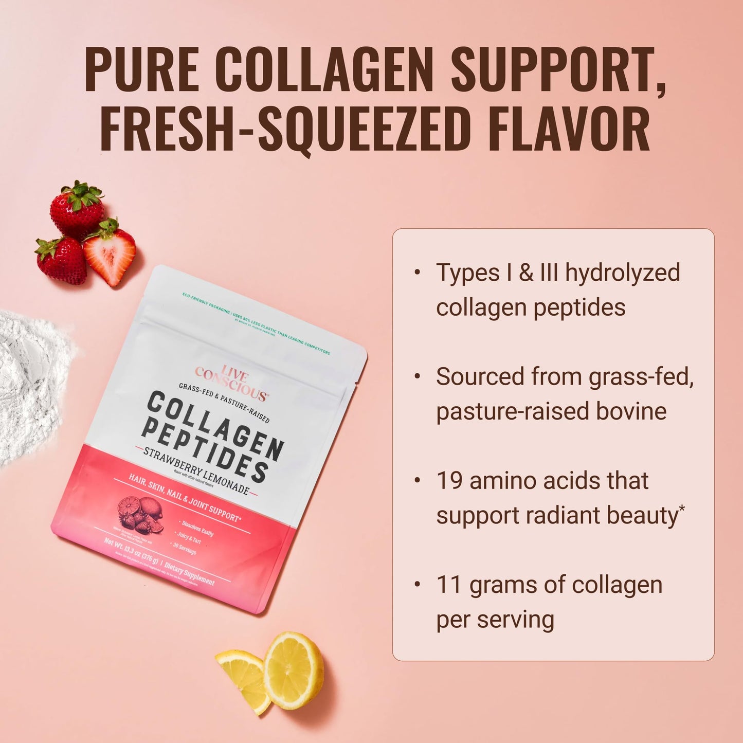 Live Conscious Collagen Peptides Powder Strawberry Lemonade 12.8 oz