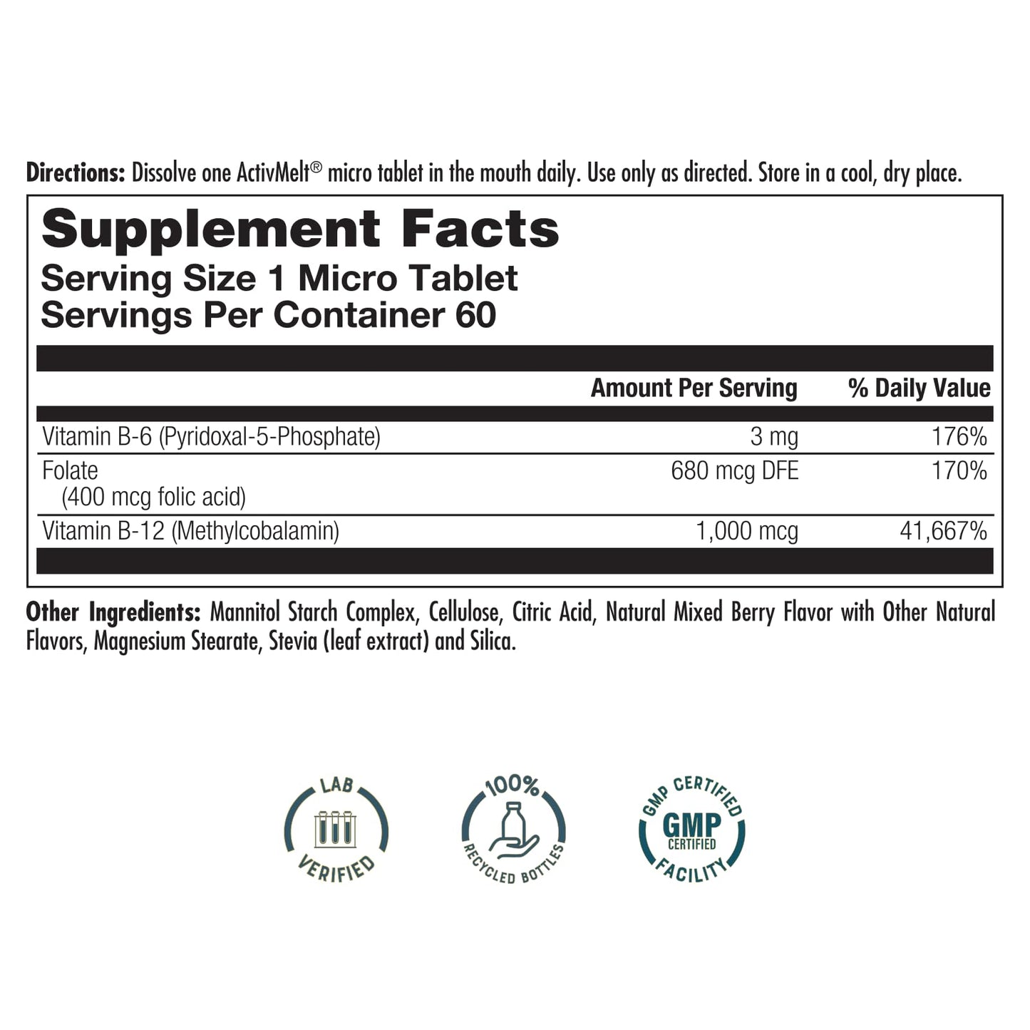 KAL Vitamin B-6, B-12 & Folic Acid Supplement with Vitamin B12 Methylcobalamin & Folate, Heart Health, Energy & Red Blood Cell Support, 60 Tablets