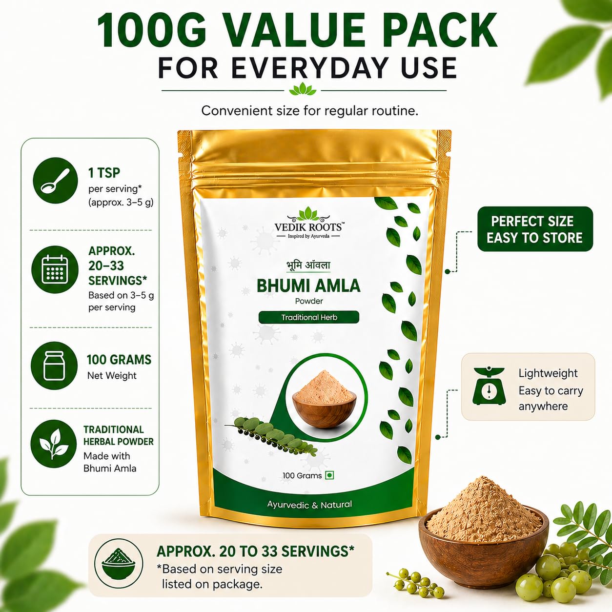 VEDIKROOTS Organic Bhumi Amla Powder 7.0548 Ounces