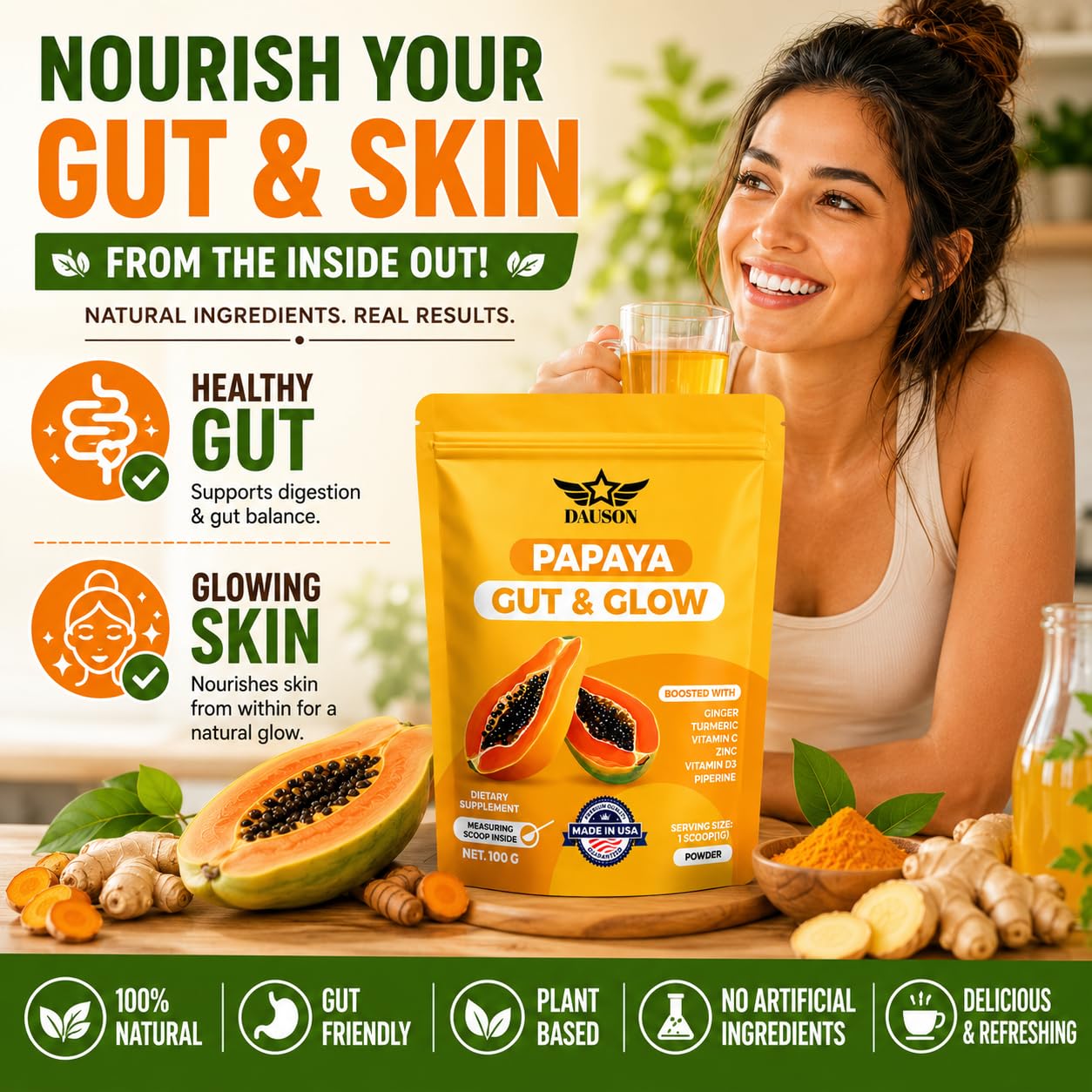 DAUSON Papaya Shots for Healthy Gut & Glowing Skin Powder 3.53 Ounce