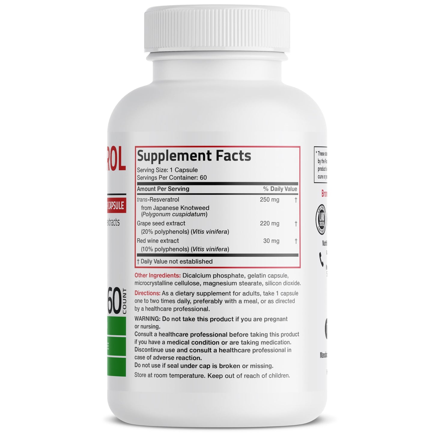 Bronson Resveratrol Complex 500 mg with Grape Seed & Red Wine, 60 Capsules