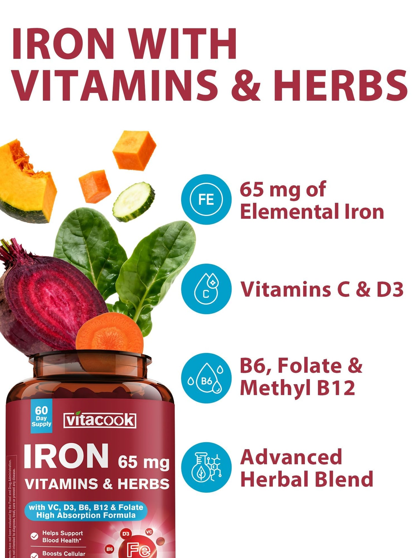 Vitacook Iron Supplement 65mg Blood Building & Energy Support, 60 Tablets