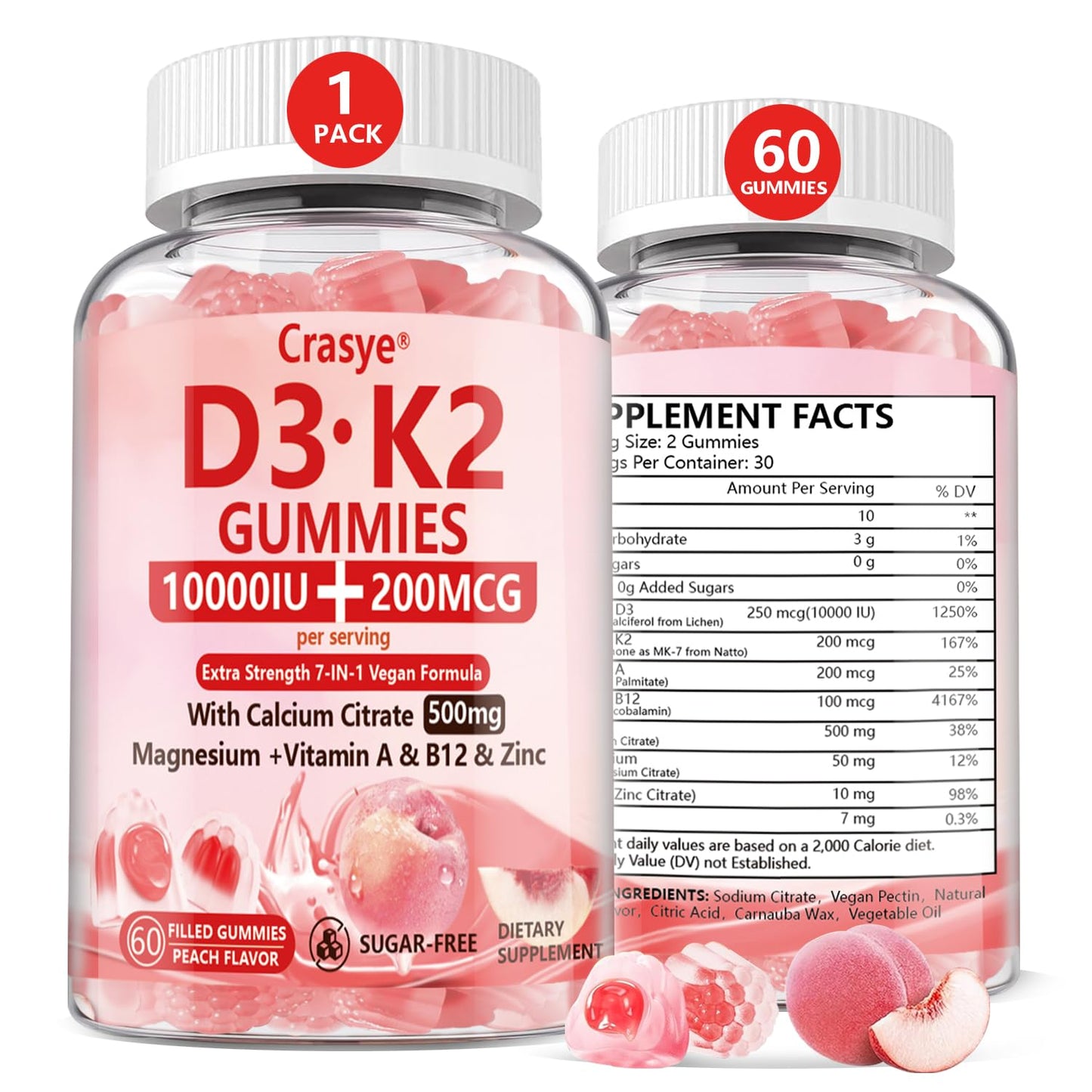 Crasye Vitamin D3 K2 Gummies 10000 IU with 500mg Calcium Magnesium Zinc, Peach Flavor, 60 Gummies