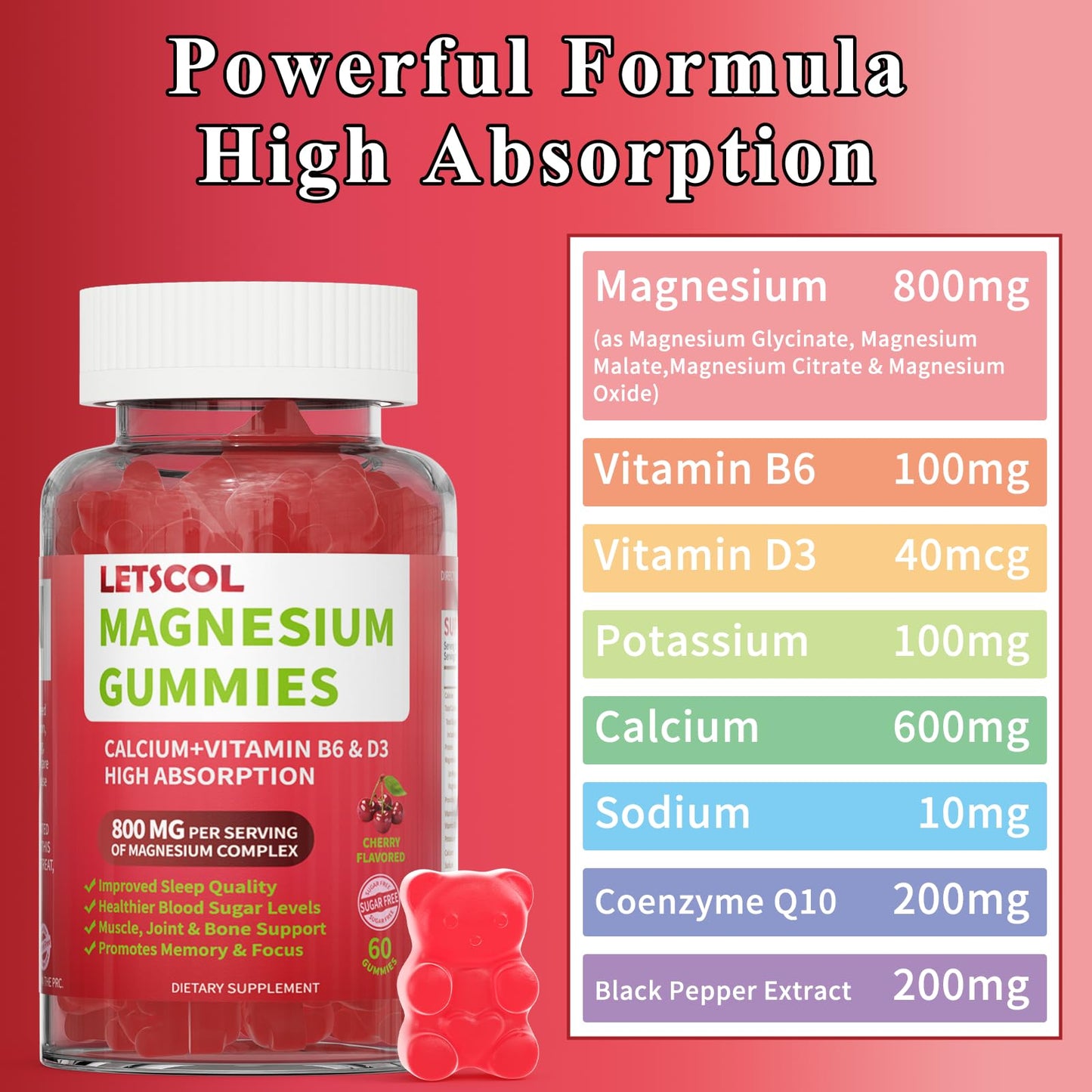 LETSCOL Magnesium Glycinate Gummies 60 Count