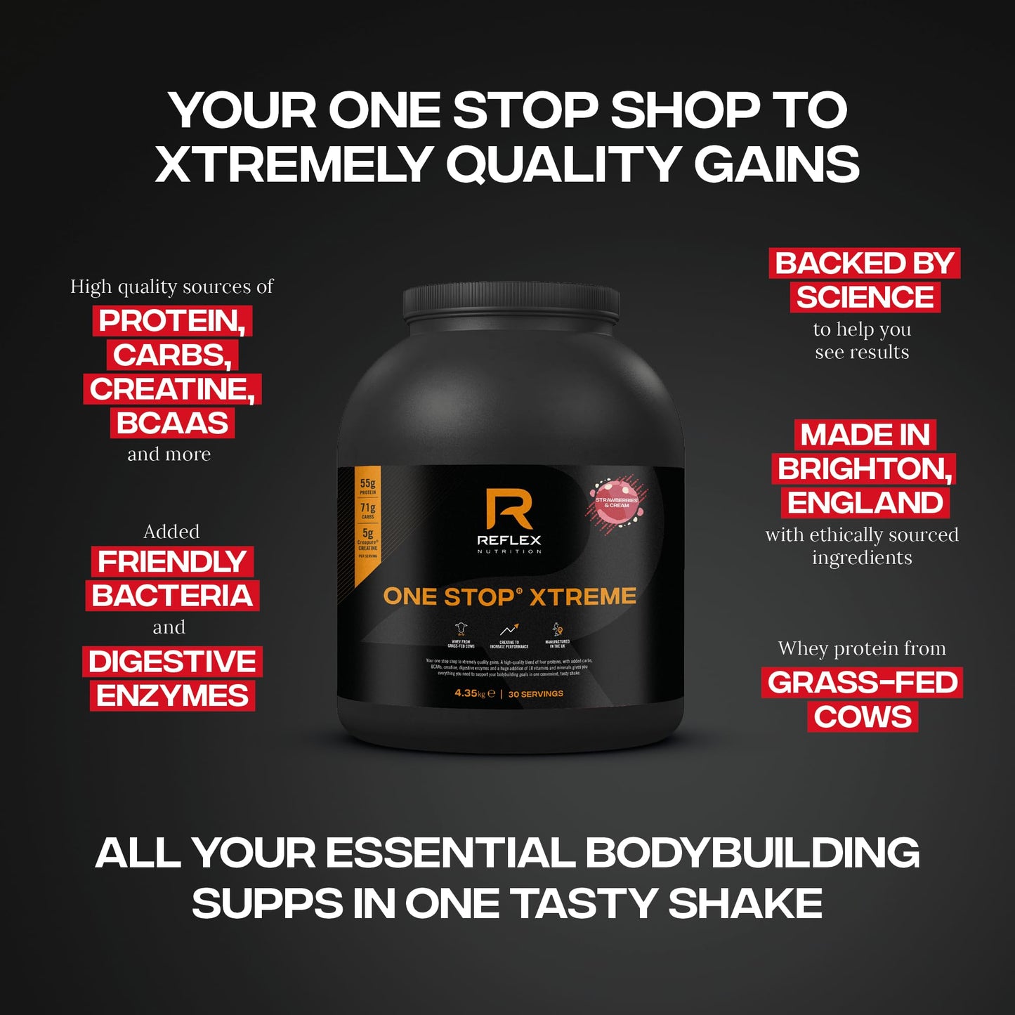 Reflex Nutrition One Stop Xtreme Serious Mass Protein Powder Strawberries & Cream 2.03kg