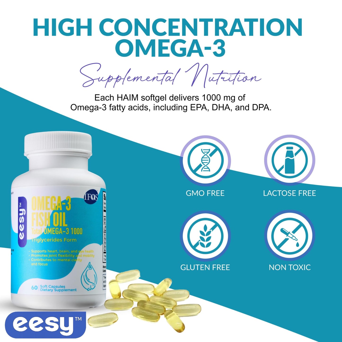 EESY Omega-3 Fish Oil Supplement Capsule 60 Count