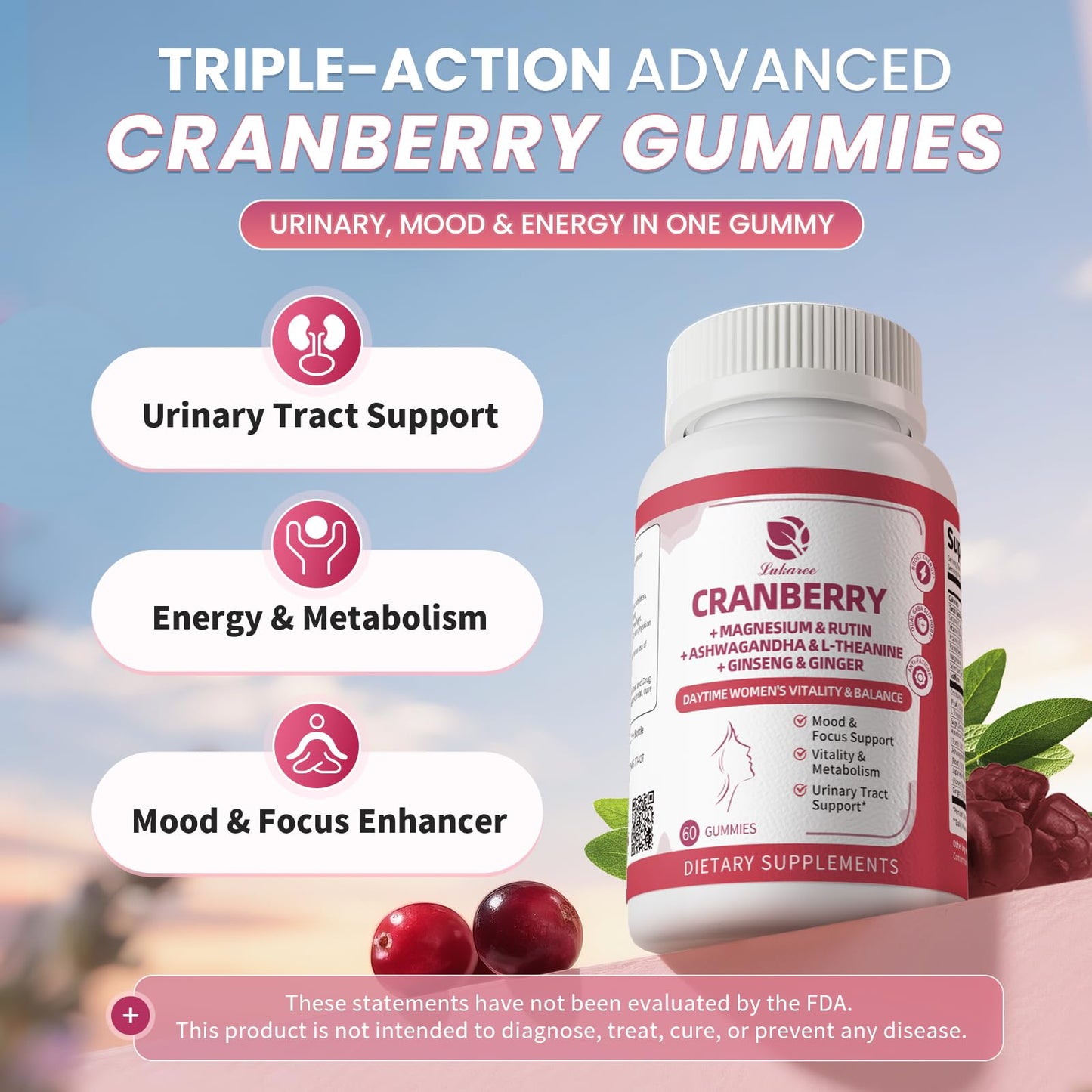 Lukaree Cranberry Gummies for Women – Cranberry Supplement with D-Mannose, Ashwagandha, Magnesium & Ginseng – Urinary Tract, Mood & Energy Support – Daytime Vitality – 60 Gummies