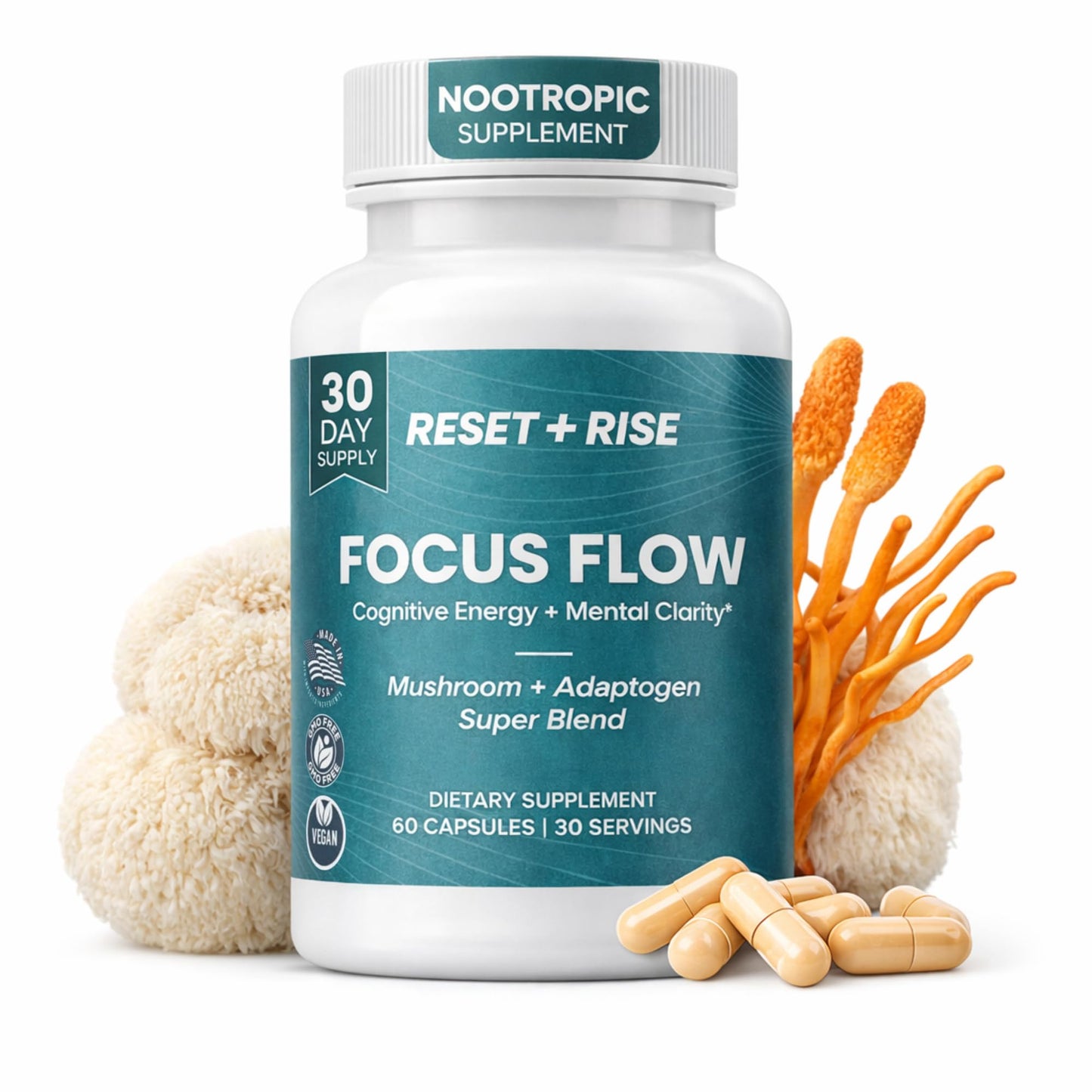 Reset+Rise Nootropic Brain Supplement with Lion’s Mane Mushroom, Cordyceps & Rhodiola Rosea Extract - Capsule, 60 Capsules