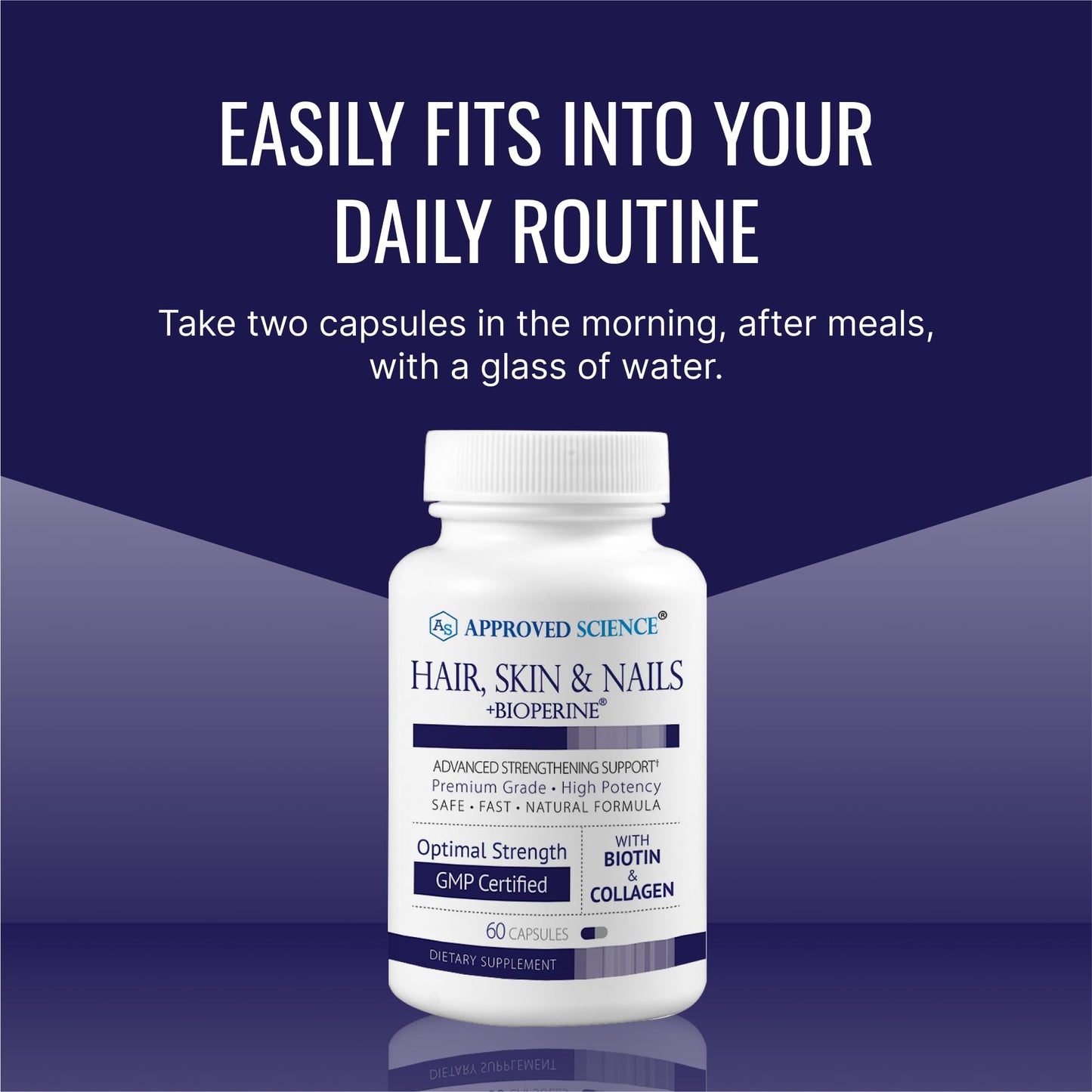 Approved Science Hair, Skin and Nails Support Supplement with Biotin, Collagen, Vitamin B Complex, Silica, BioPerine, 60 Capsules