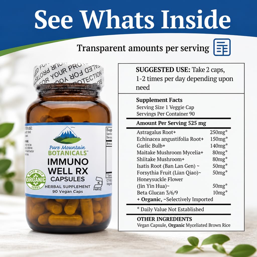 Pure Mountain Botanicals Immuno Well Immune Support Supplement Capsules, 90 Count