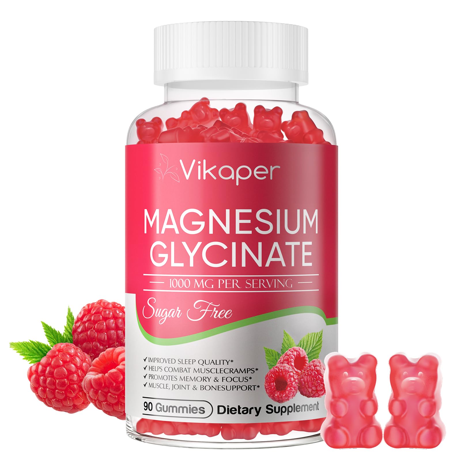 VIKAPER Magnesium Glycinate Gummies 1000mg Complex, Sugar Free Magnesium Supplement with Magnesium L-Threonate, Calcium, Potassium, Vitamin D3, B6 & CoQ10, Gelatin Free Raspberry Gummies for Adults, 90 Count
