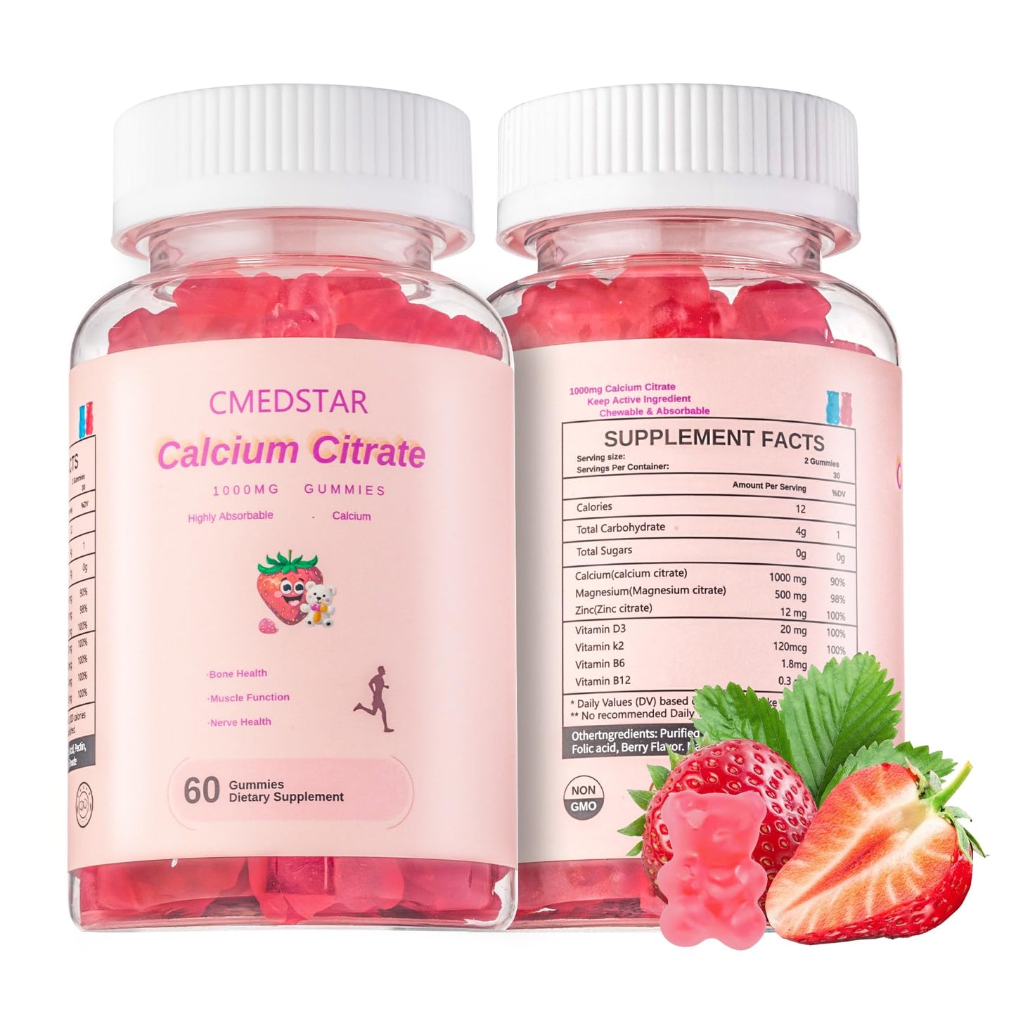 CMEDSTAR Chewable Calcium Citrate Gummies 1000mg with Vitamin D3 & K2, B6 & B12, Magnesium, Zinc for Bones, Muscles & Joints, Immunity & Memory Support, Sugar-Free, Gluten-Free, Vegetarian, Strawberry, 60 Count