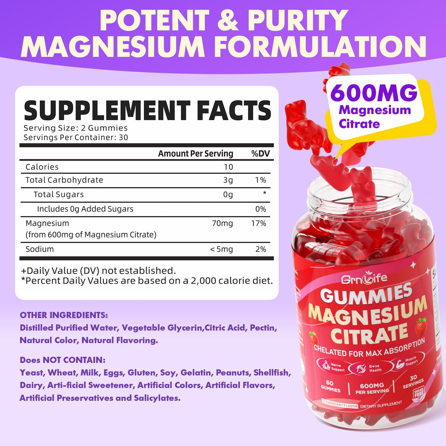 GrnLife Magnesium Citrate Gummies 600mg, High Absorption Magnesium Supplement, Vegan, Strawberry Flavor, 60 Count