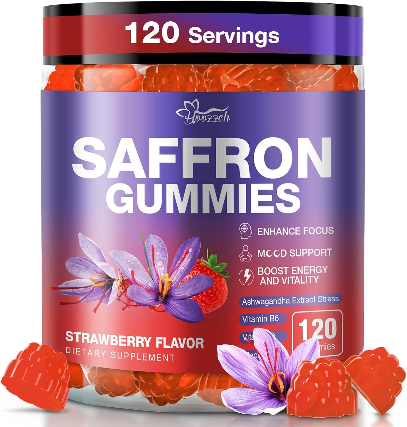 Hoozzch Saffron Gummies with 88.5mg Saffron Extract, Magnesium Glycinate 200mg, L-Theanine, Indian Ginseng, B & D Complex, Supports Focus, Mood, Calm, Sleep & Eye Health, 120 Gummies