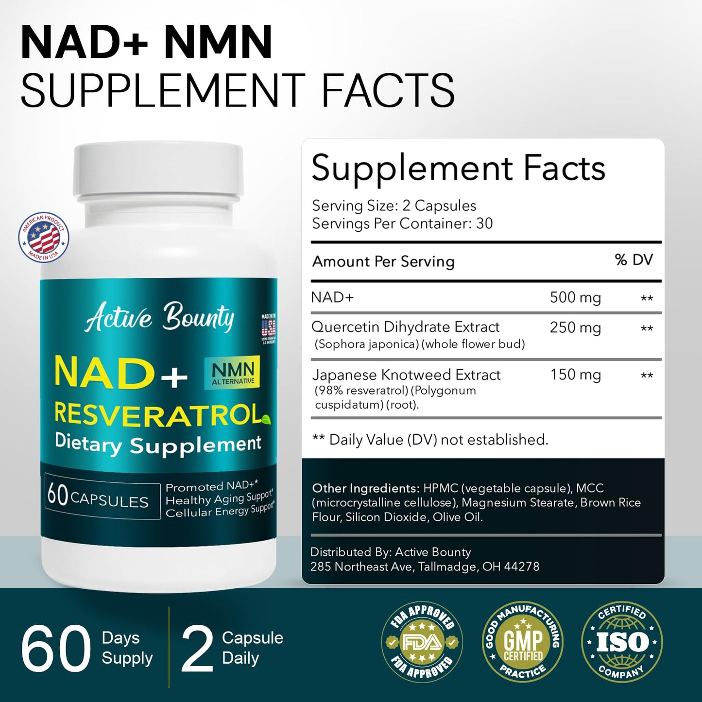 Active Bounty NAD+ Resveratrol with Quercetin – NMN Alternative for Cellular Energy, Focus & Healthy Aging, 500mg NAD+ Formula, Vegan, Non-GMO, Gluten-Free, Made in USA, 60 Capsules