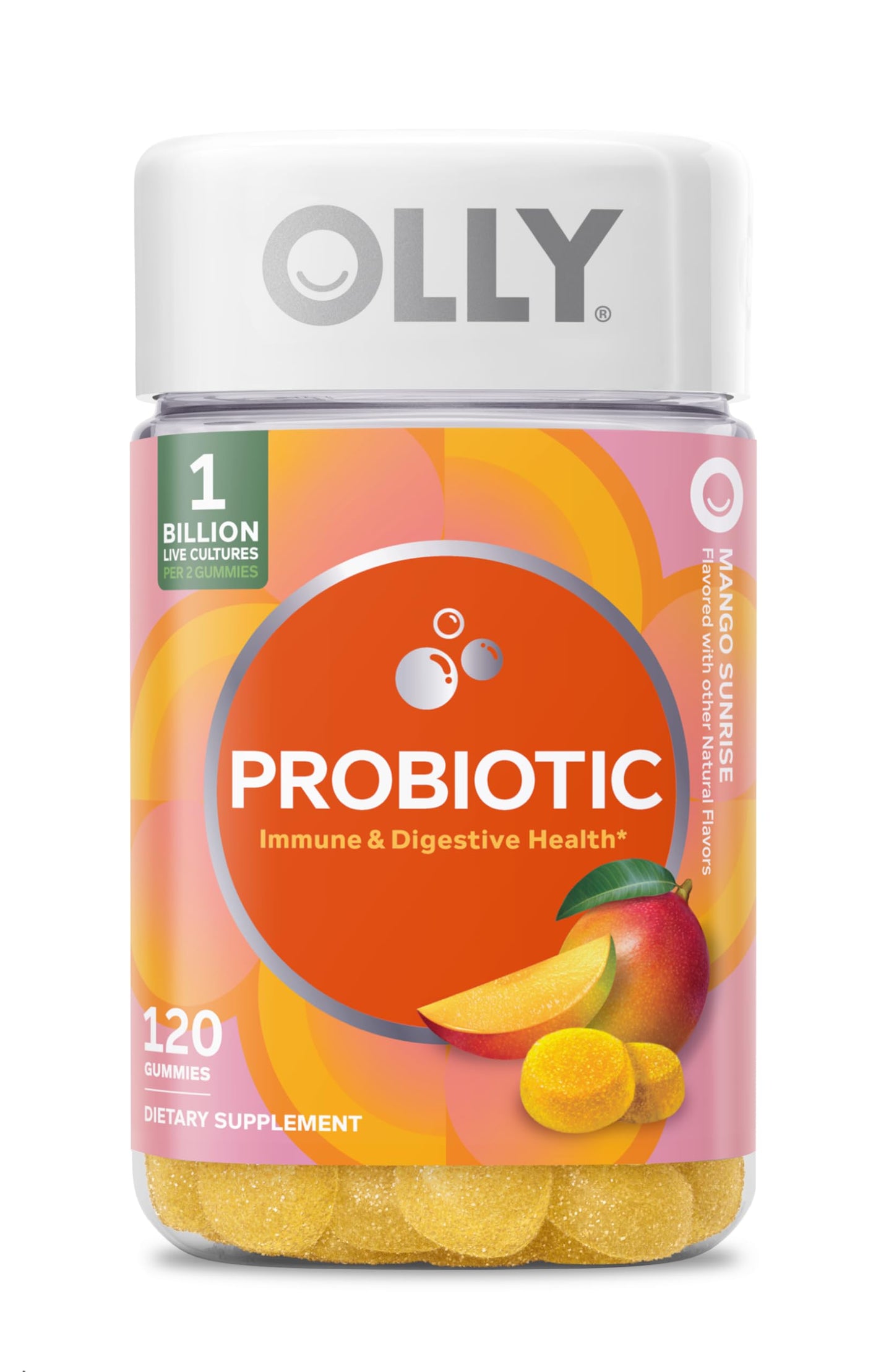 OLLY Probiotic Gummy Immune and Digestive Support, 1 Billion CFUs, Mango, 120 Count