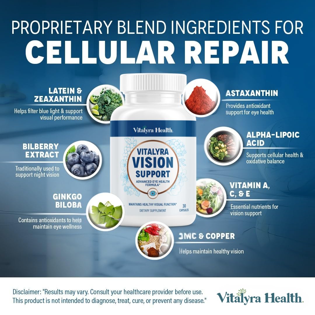 Vitalyra Health Vision Support Eye Health Supplement with Vitamin A, Lutein, Beta Carotene & Antioxidants Capsule, 30 Count