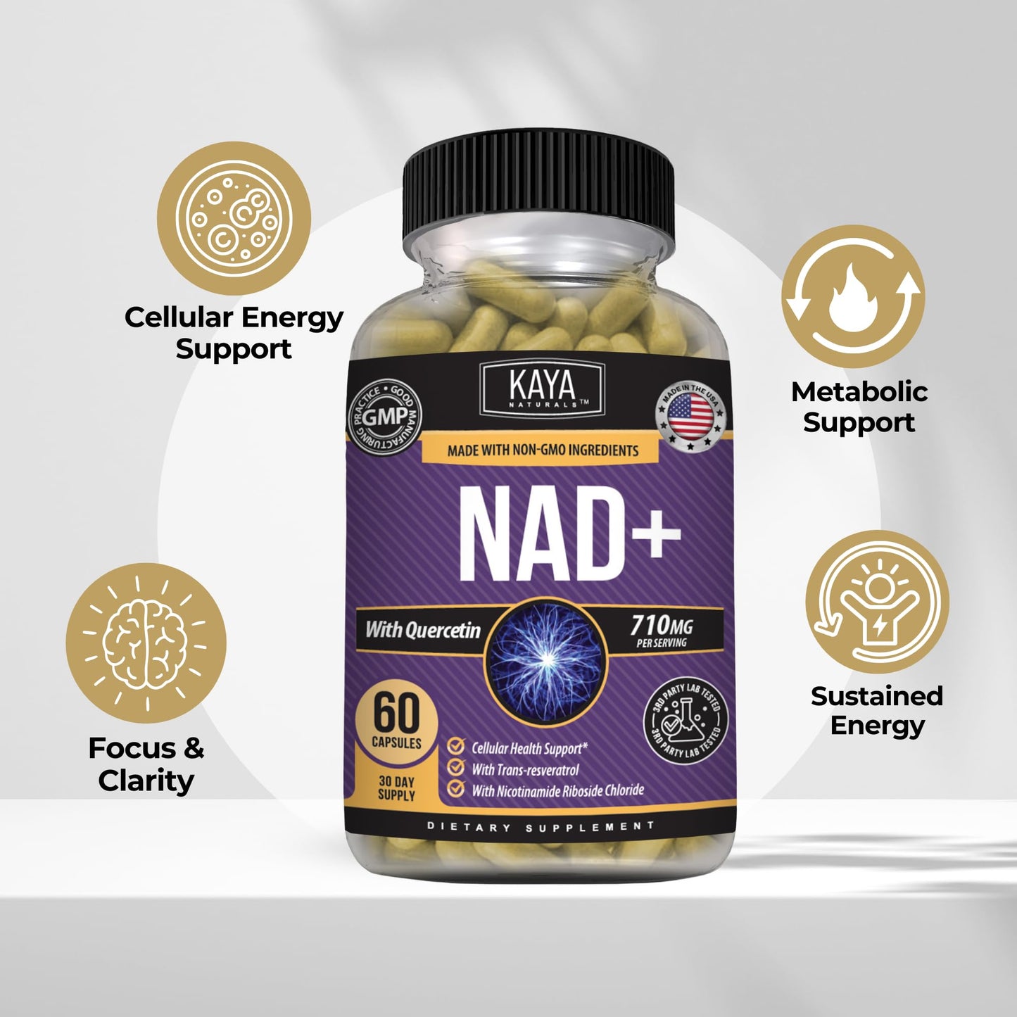 Kaya Naturals NAD+ with Trans-Resveratrol 710mg per Serving Capsule, 60 Count