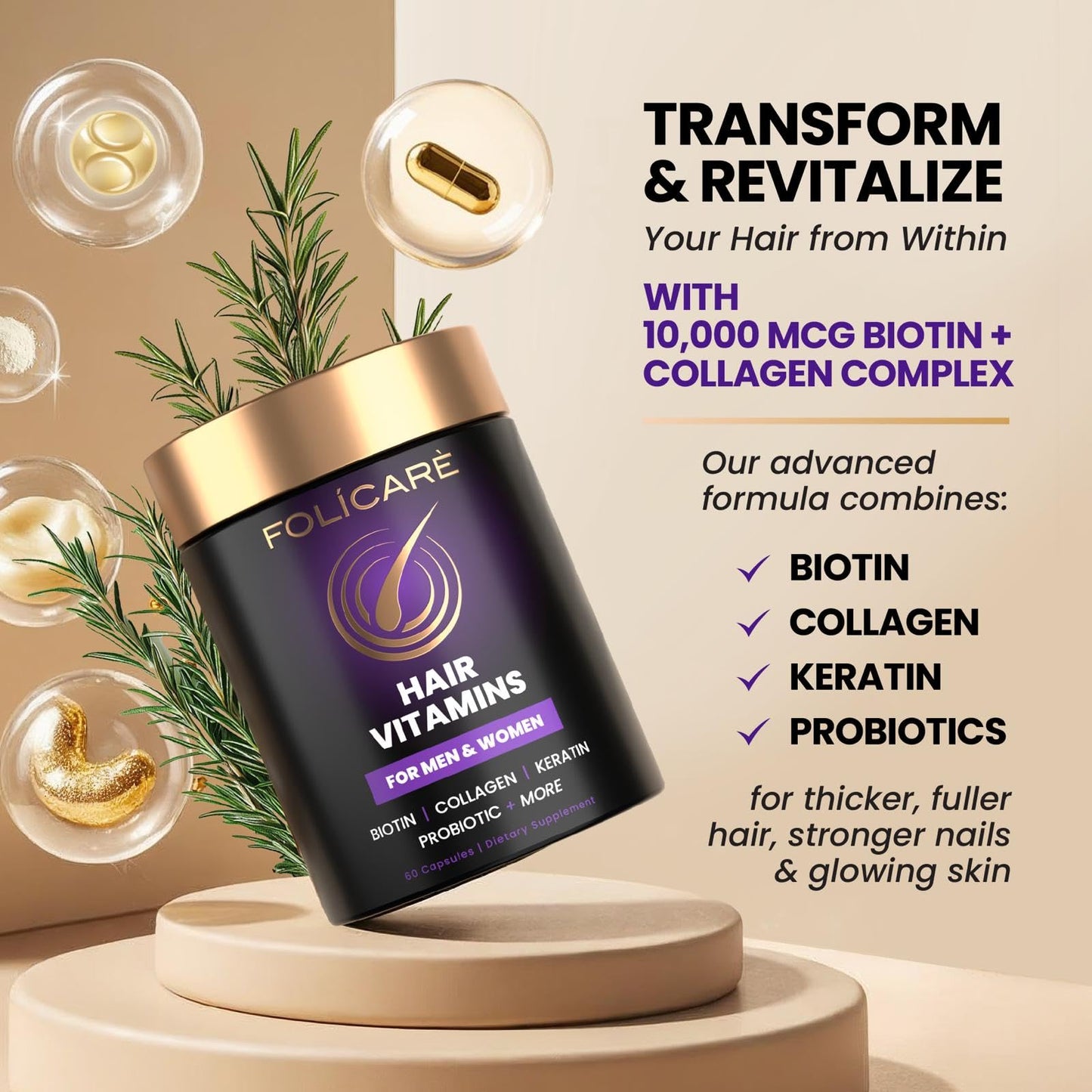 FOLICARE Biotin Hair Growth Supplement with Collagen, Keratin, and Probiotics Capsule 60 Count