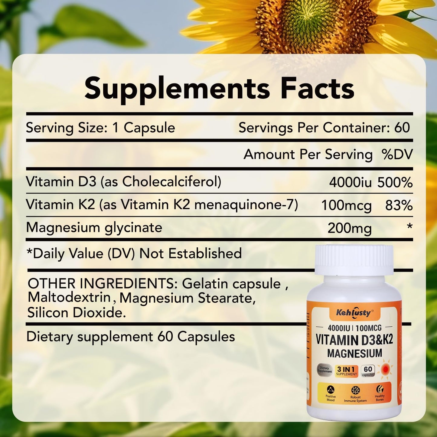 KEHLUSTY 3-in-1 Vitamin D3 K2 4000IU with Magnesium Glycinate, 60 Capsules