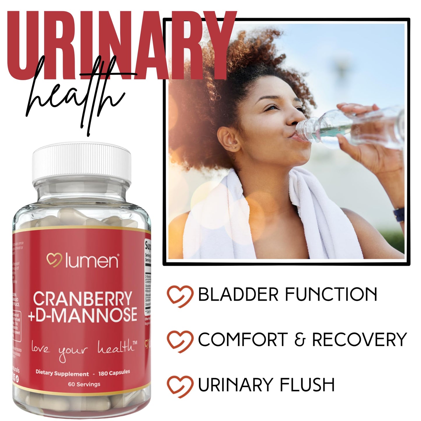 Lumen Naturals Cranberry + D-Mannose for Women - Cranberry, D-Mannose, Hibiscus, Dandelion Extract Blend Capsule, 180 Count