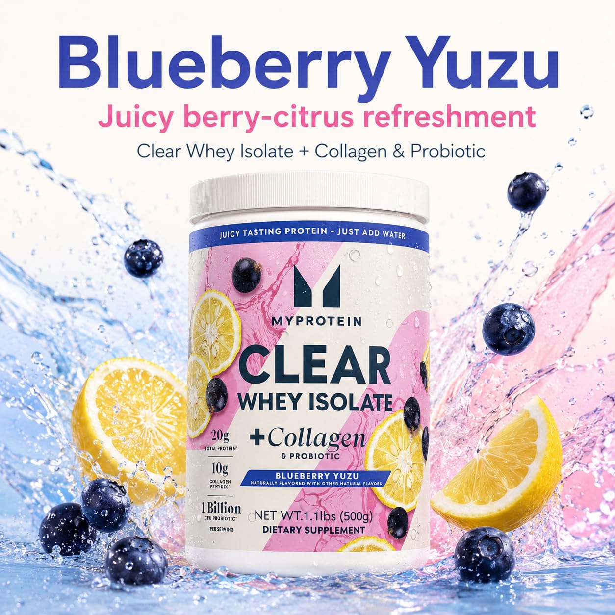 Myprotein Clear Whey Isolate + Collagen & Probiotic Blueberry Yuzu Clear Protein Powder, 17.6 oz
