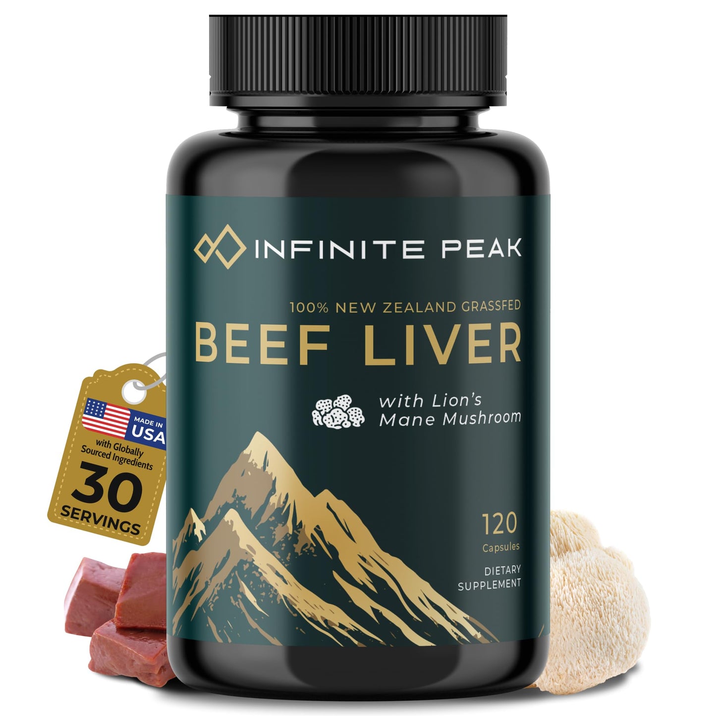 INFINITE PEAK Grass-Fed Beef Liver with Lion's Mane, 120 Capsules