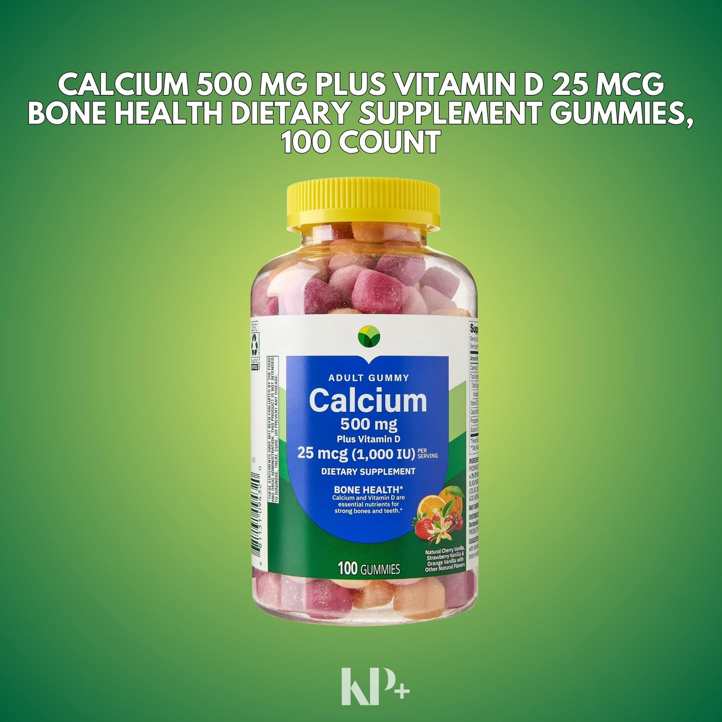 KP+ Calcium Gummies 500 mg with Vitamin D 25 mcg (1,000 IU), 100 Gummies