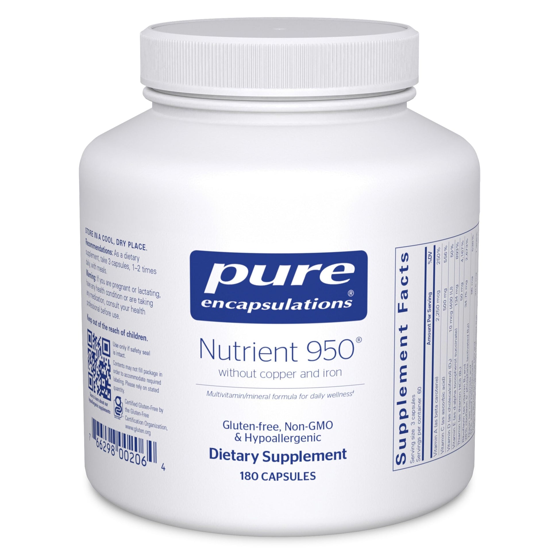 Pure Encapsulations Nutrient 950 Without Copper & Iron Hypoallergenic Multi-Vitamin/Mineral Formula for Optimal Health Capsule, 180 Capsules