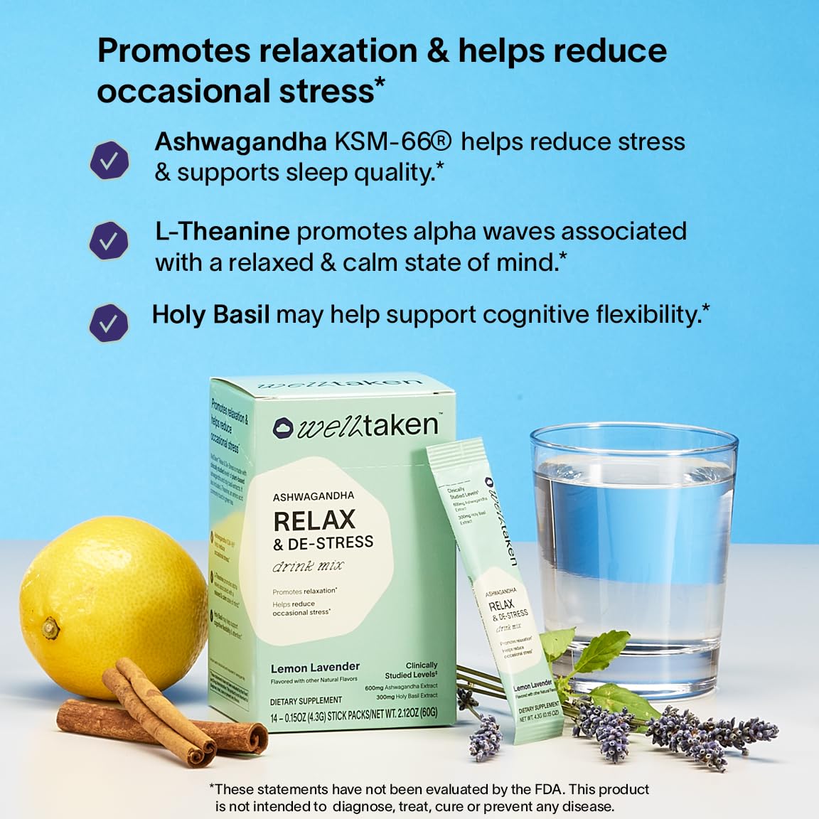 WellTaken Ashwagandha Relax & De-Stress Powder - Lemon Lavender, 14 Servings