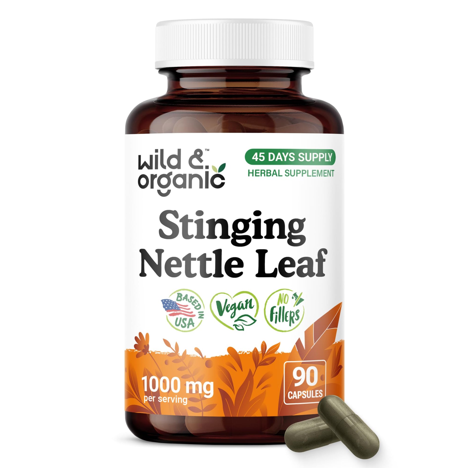 Wild & Organic Stinging Nettle Leaf Capsules 1000 mg Stinging Nettle Extract, 90 Capsules