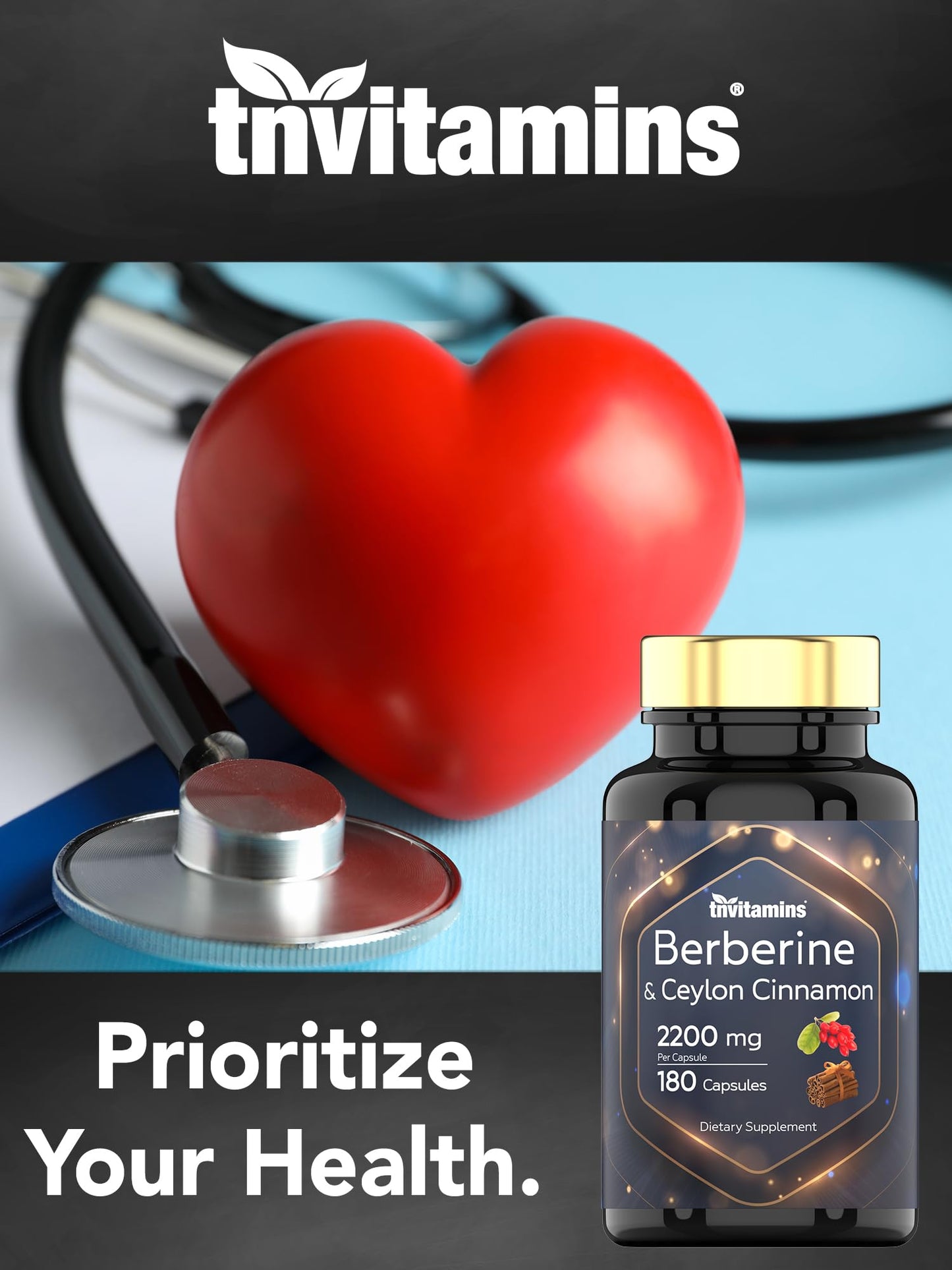 tnvitamins Berberine with Ceylon Cinnamon 2200 mg per Capsule, 180 Capsules