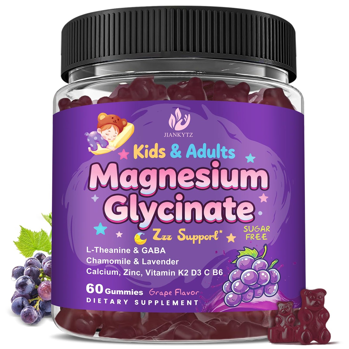 JIANKYTZ Magnesium Glycinate Gummies, Sugar Free, 60 Count