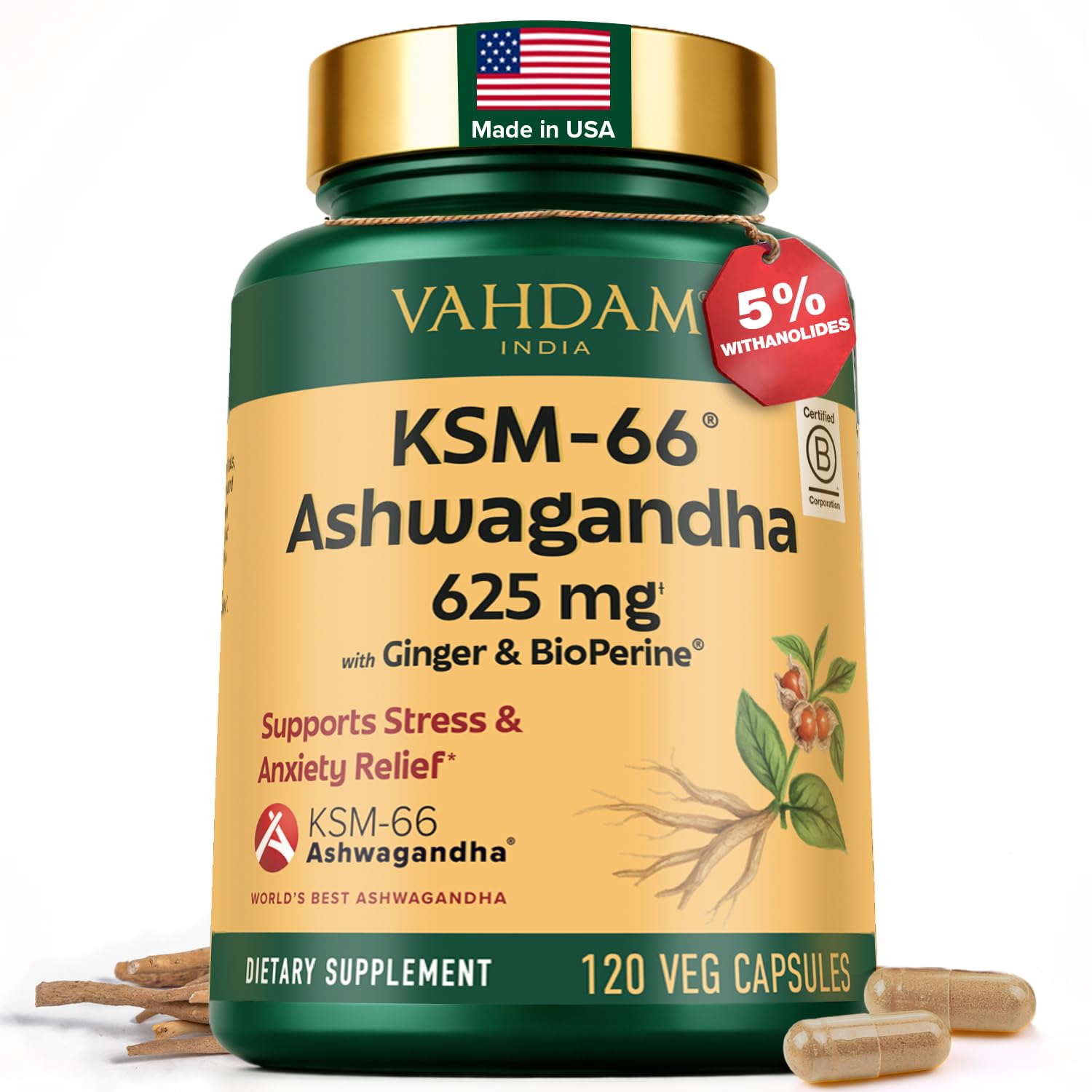 VAHDAM KSM-66 Ashwagandha 625 mg with Ginger & Piperine Capsule 120 Count