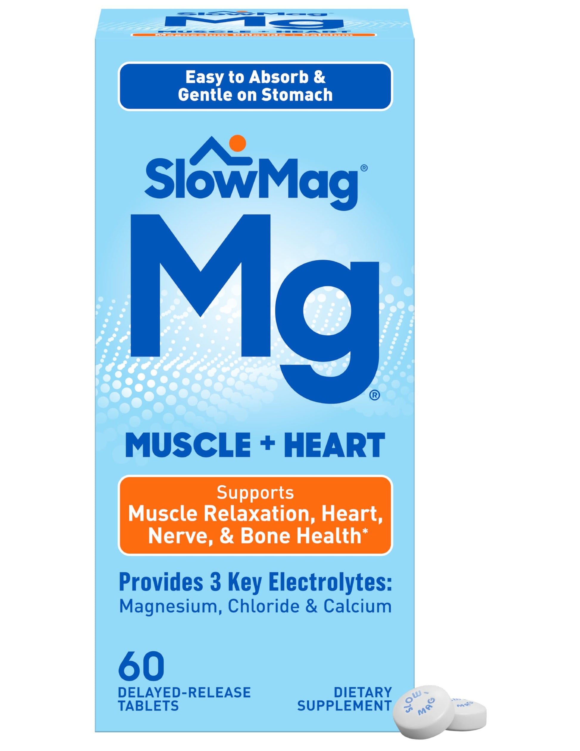 Slow-Mag Muscle & Heart Magnesium Chloride Supplement with Calcium Tablet, 60 Count
