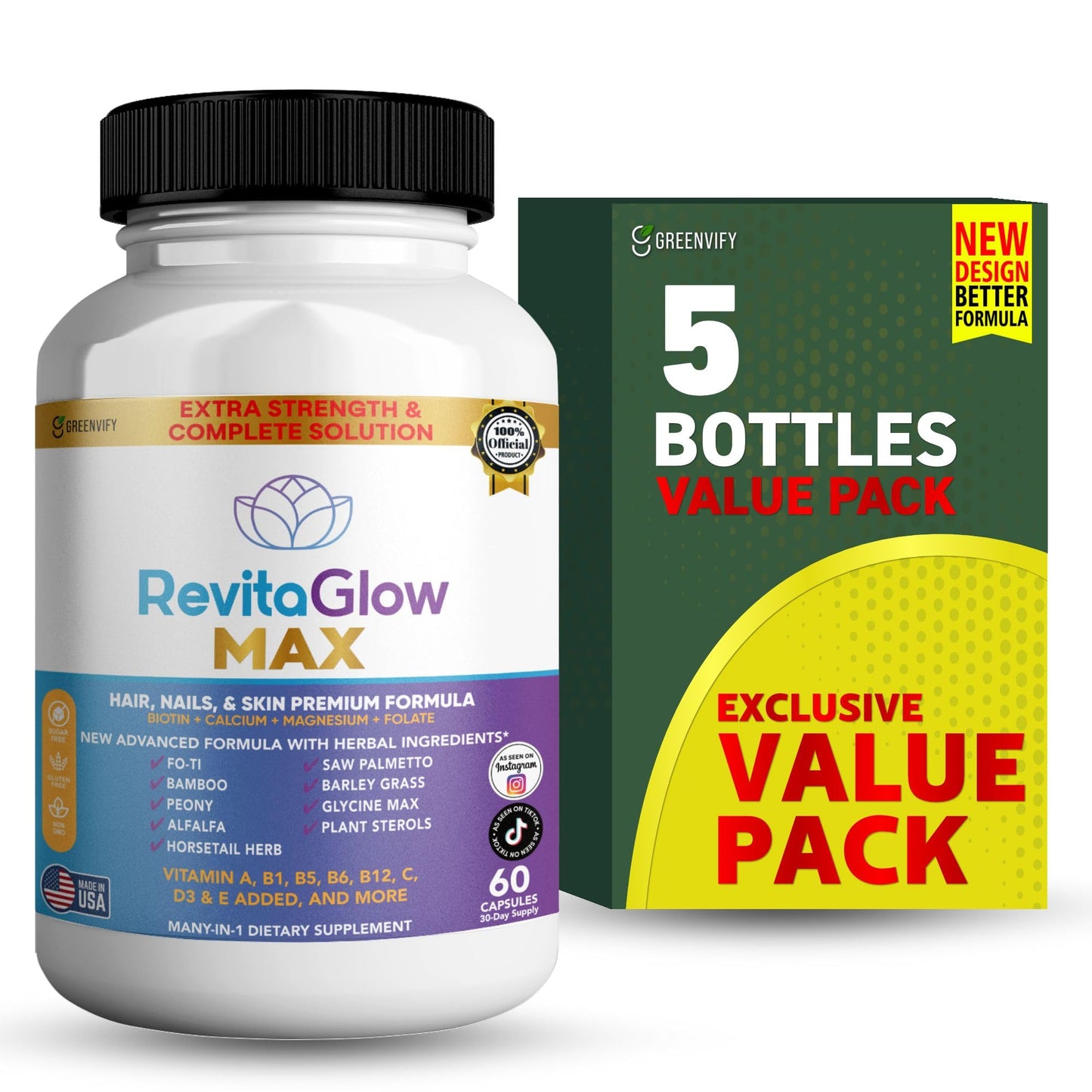 GREENVIFY RevitaGlow Max Hair, Nails & Skin Premium Formula 60 Capsules
