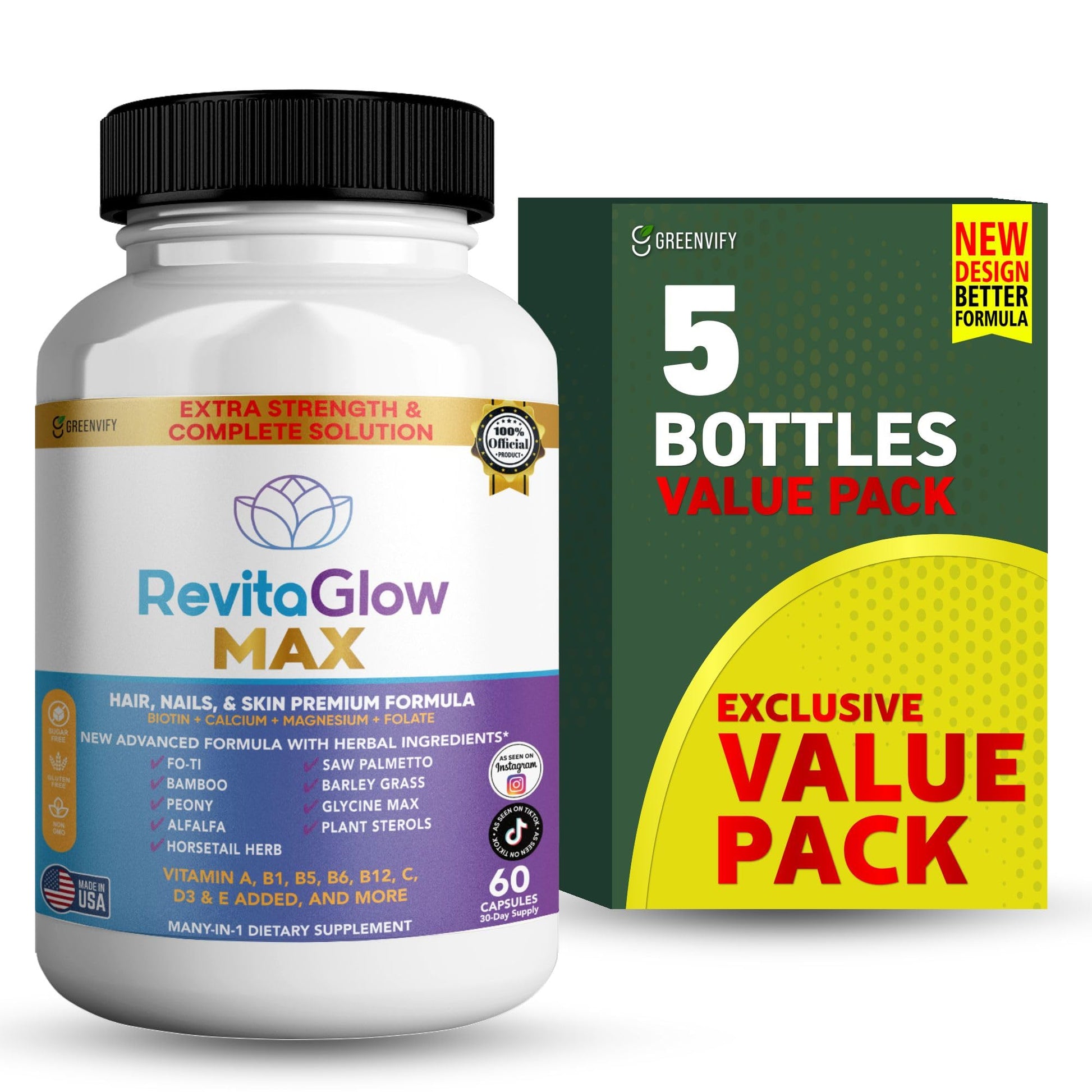 GREENVIFY RevitaGlow Max Hair, Nails & Skin Premium Formula 60 Capsules
