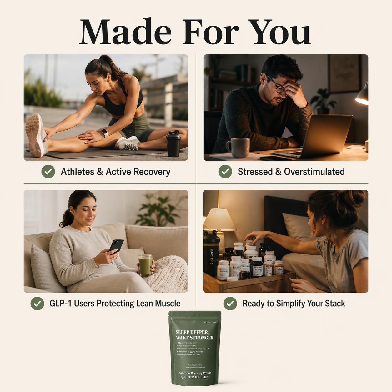 Better Tomorrow Nighttime Recovery Protein Powder 8-in-1 Sleep & Muscle Recovery, 20 Servings