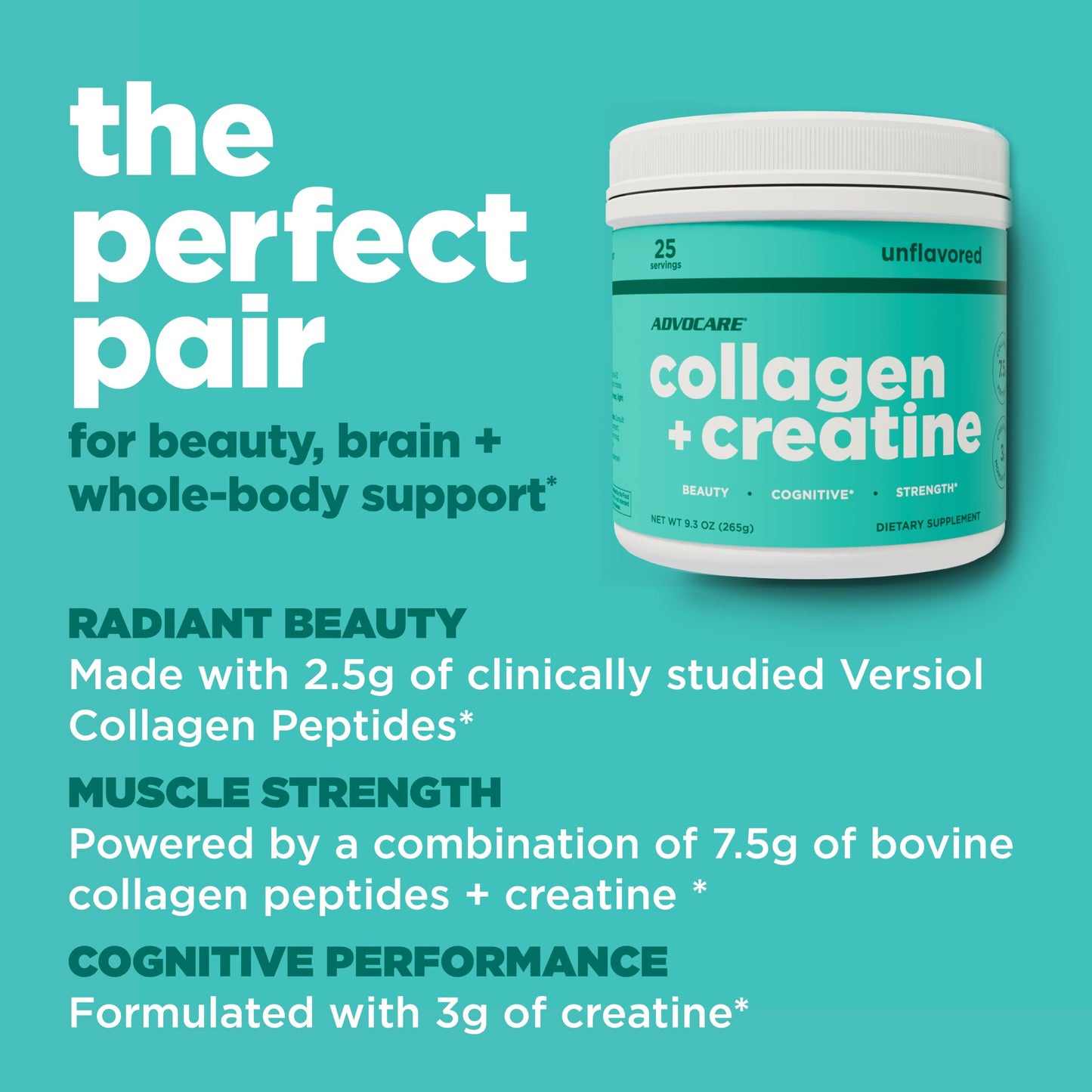 AdvoCare Collagen + Creatine - Creatine Monohydrate & Bovine Collagen Peptides Unflavored Powder, 9.3 oz