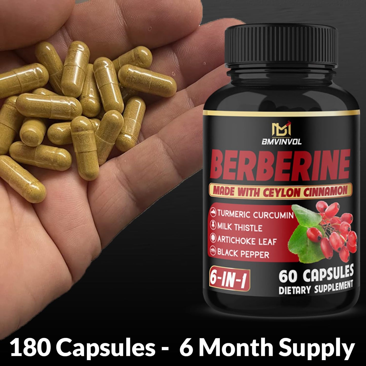 BMVINVOL Berberine Supplement Plus Ceylon Cinnamon, Milk Thistle, Turmeric, Artichoke Leaf, Black Pepper, 180 Capsules