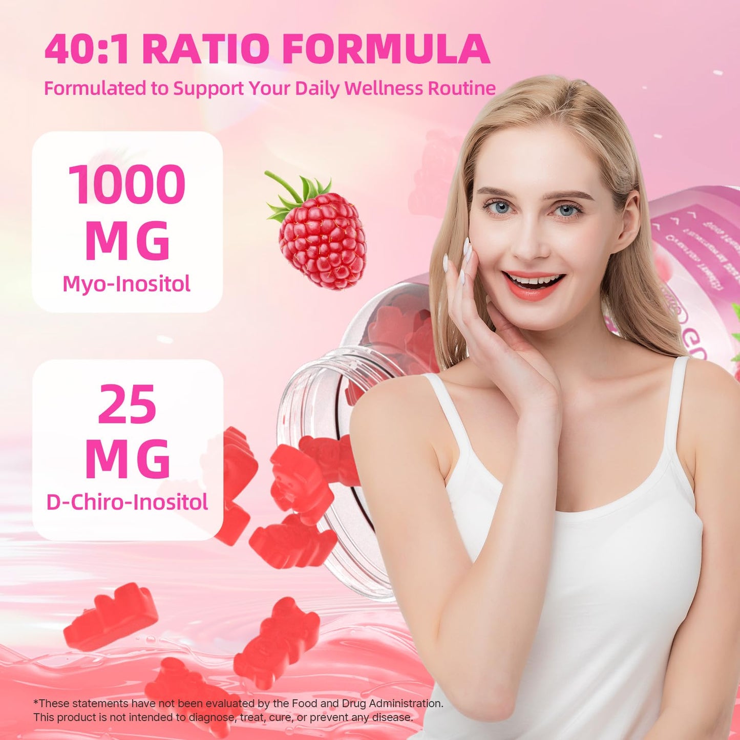 Mchokuu Myo-Inositol & D-Chiro Inositol Gummies, Ideal 40:1 Ratio Supplement for Women with Vitamin D3 & B12 for Support Hormonal Balance & Wellness, Sugar Free, Raspberry, 60 Count