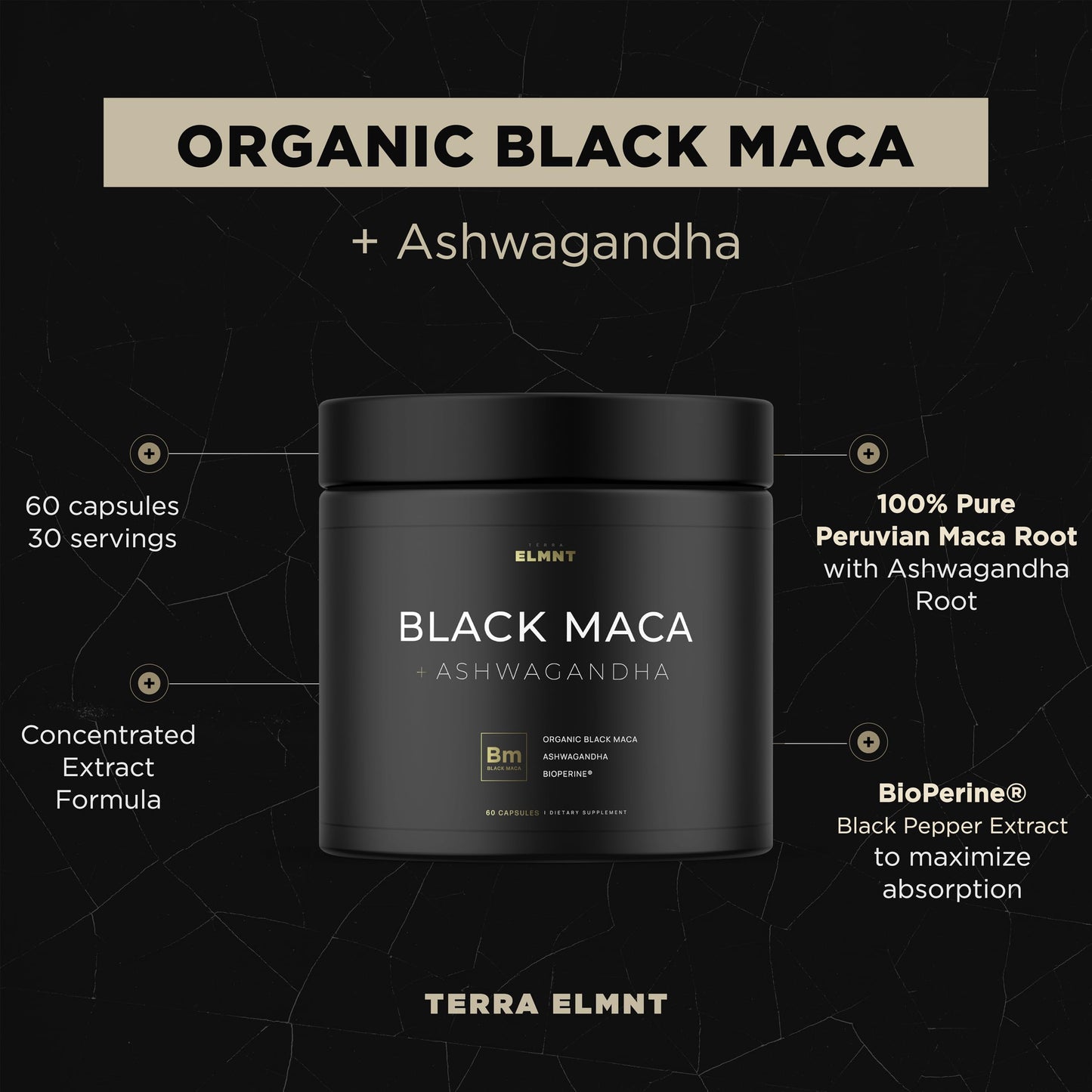 TERRA ELMNT 40x Strength Organic Black Maca Root with 15:1 Ashwagandha for Men Capsules, 60 Count