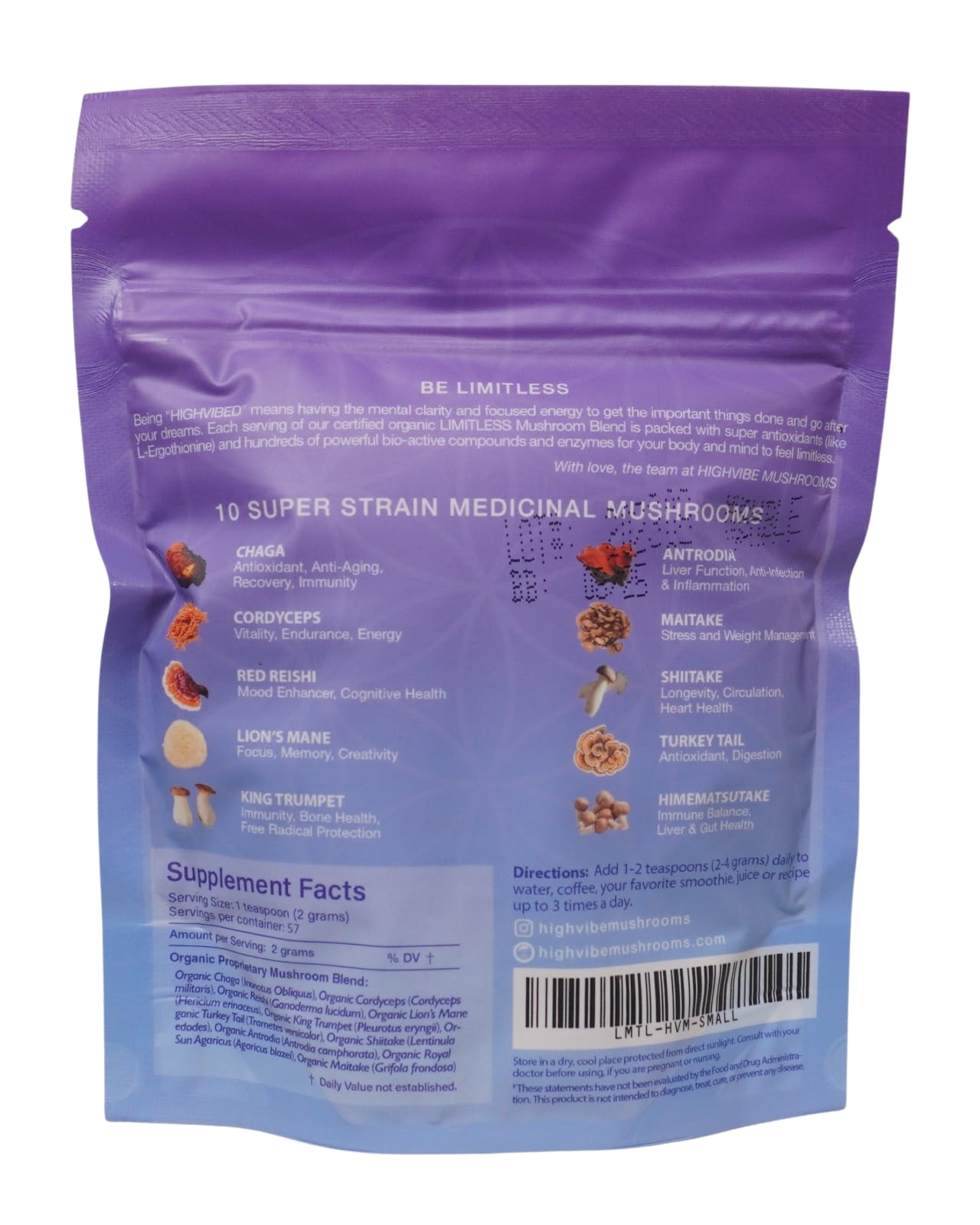 High Vibe Mushrooms Limitless Mushroom Powder Organic 10-in-1 Mushroom Blend for Focus, Energy & Immune Support, 8 Ounce