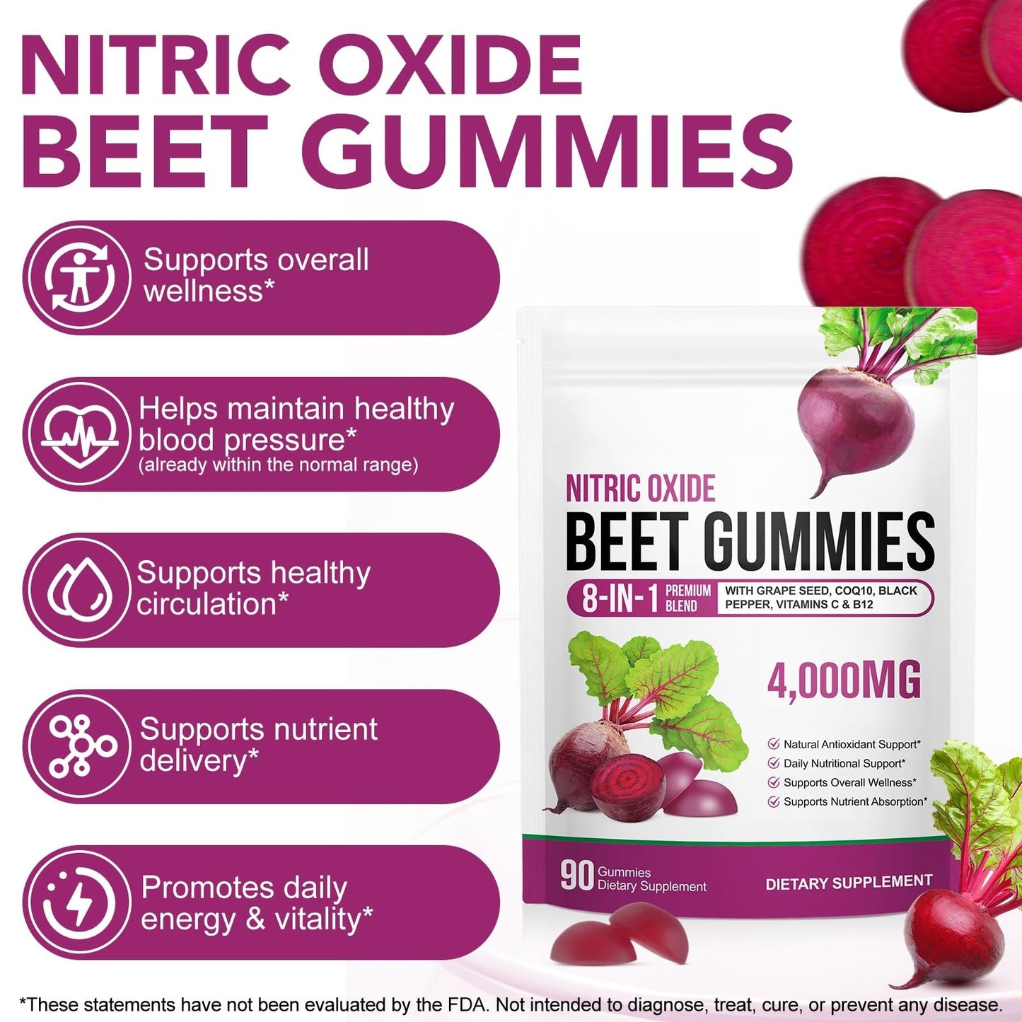 ECHTEYUN Super Beetroot Gummies 8 in 1 Beet Root 4,000mg with Grape Seed Extract & CoQ10 Sugar Free, 90 Count