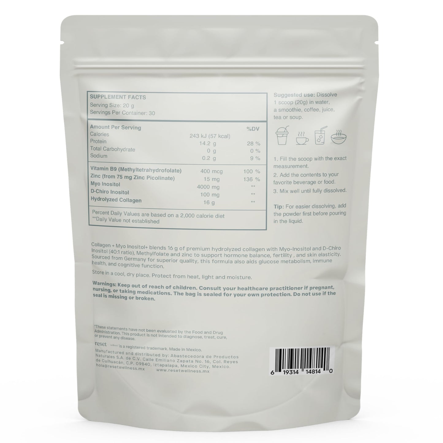 Reset Wellness MYO INOSITOL Collagen+ Powder, 21.1 oz