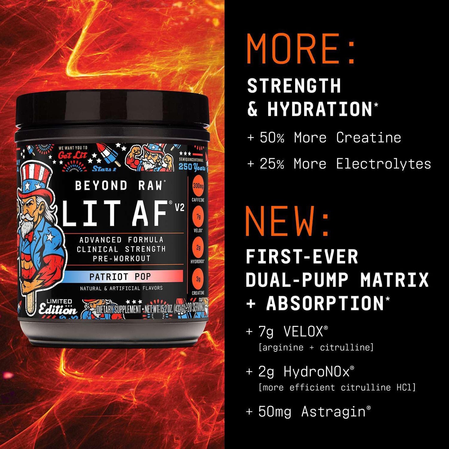 BEYOND RAW GNC LIT AF V2 Pre-Workout Patriot Pop Powder 15.2 oz