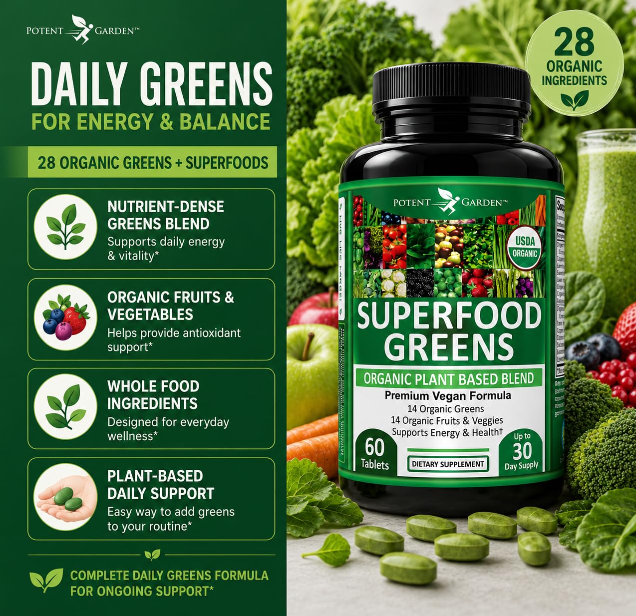 Potent Garden Organic Superfood Greens, Fruit and Veggie Supplement Tablets, 120