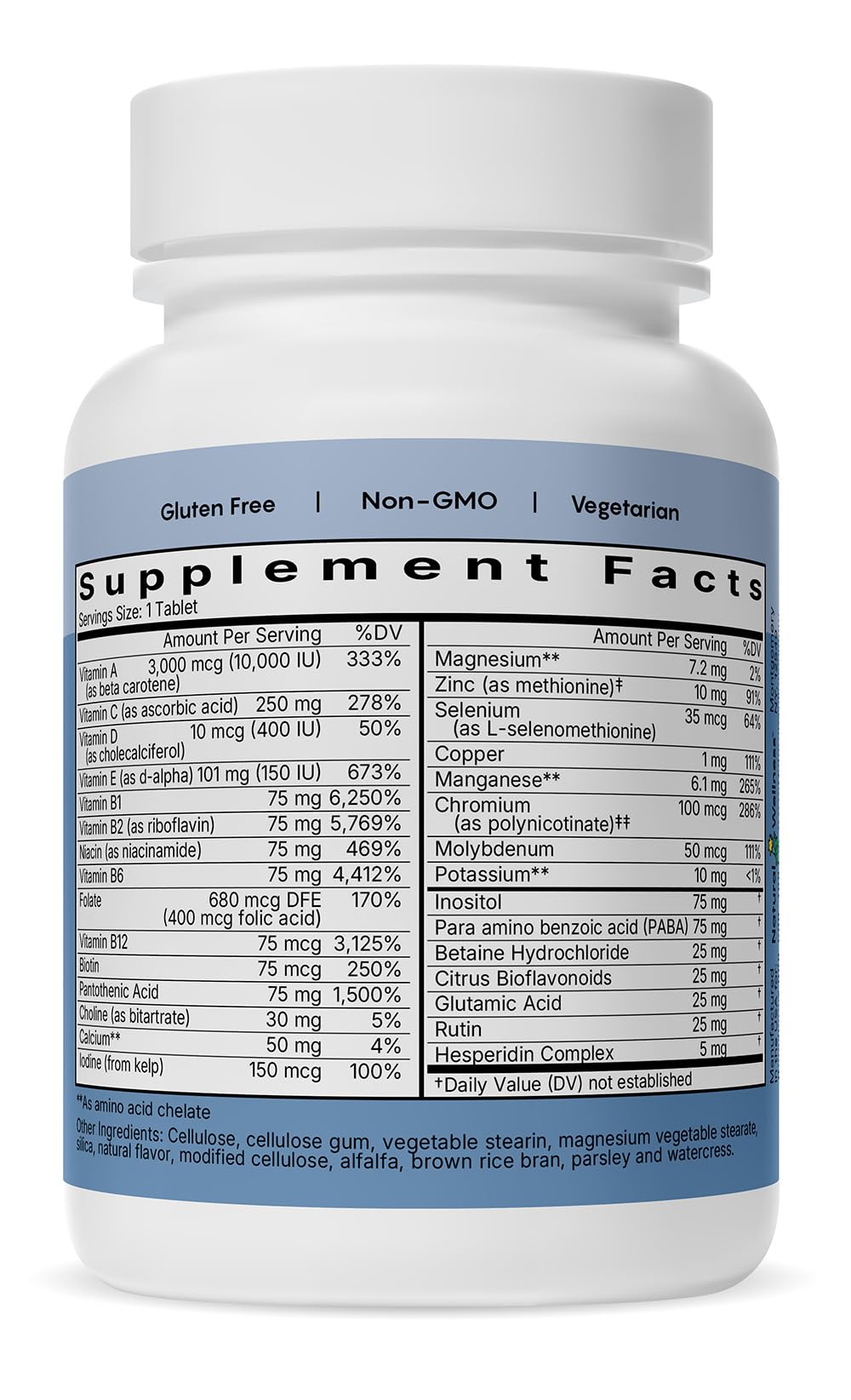 Natural Wellness One Daily Multi-Vitamin Iron-Free Multivitamin for Adults with Vitamins A, C, D, E & B – High Potency Nutrient Support for Energy, Immunity & Wellness, 60 Tablets